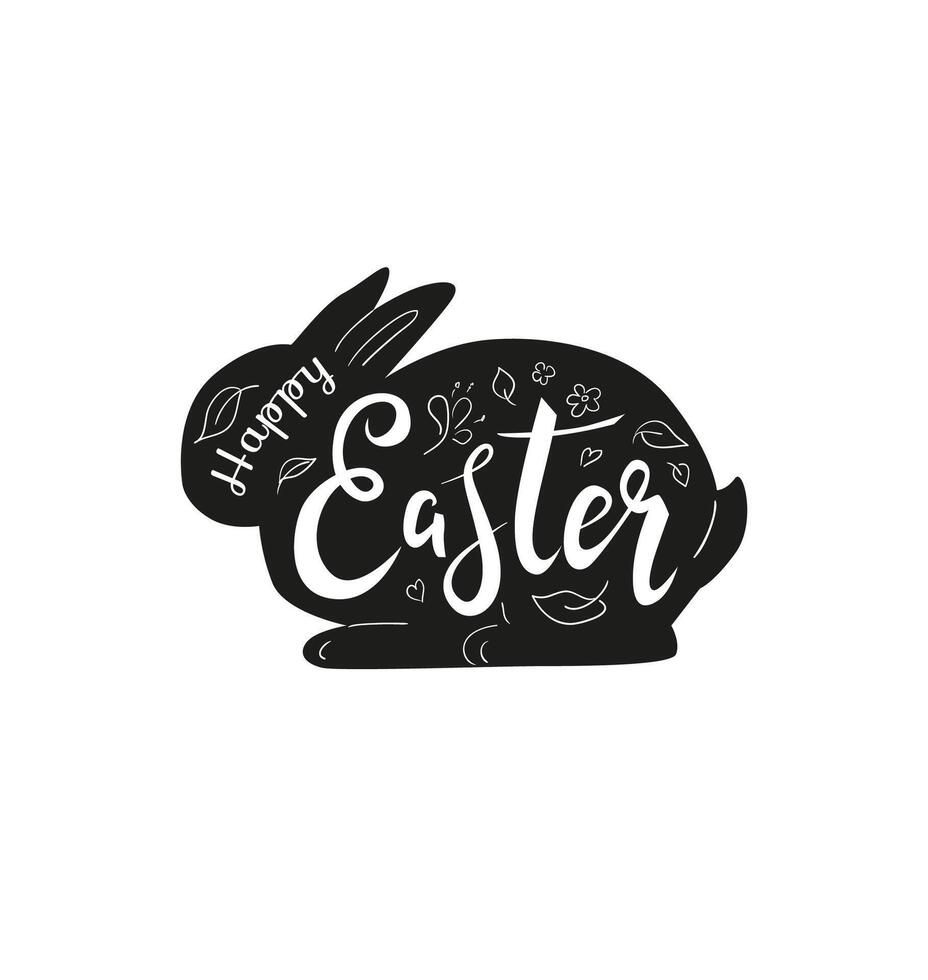 Easter modern greeting card with black rabbit silhouette and hand drawn lettering vector