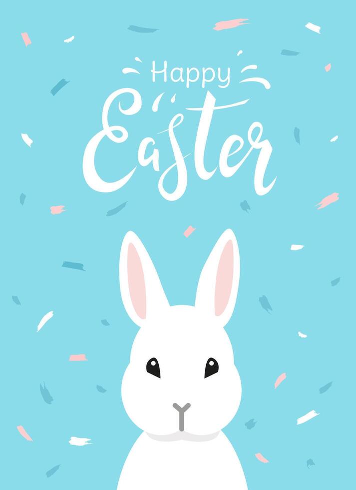 Happy Easter cute greeting card with hand drawn lettering, white bunny illustration and brush strokes on blue background vector