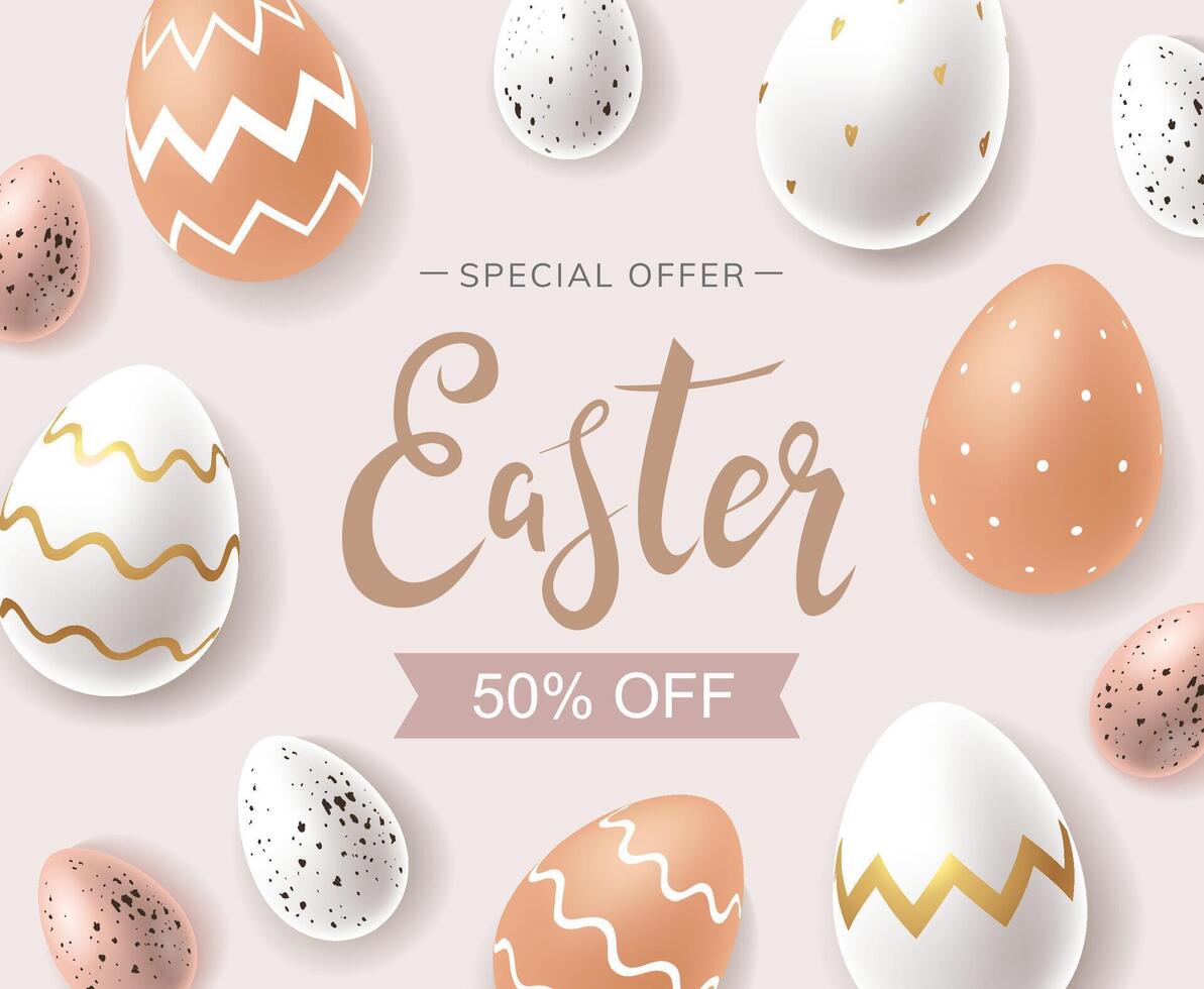 Easter Sale banner design concept with handwritten lettering and realistic chicken and quail spotted eggs with ornament. Special offer 50 percent off vector