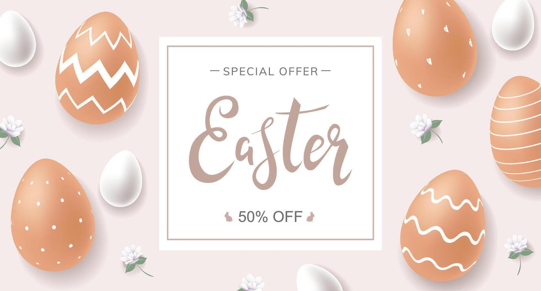 Easter Sale banner design concept with handwritten lettering, brown chicken eggs with white ornament and small white eggs on pale beige background with little flowers. Special offer 50 off vector