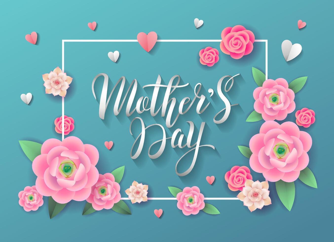 Mother's Day greeting banner design with paper cut lettering and pink flowers with hearts on blue background vector