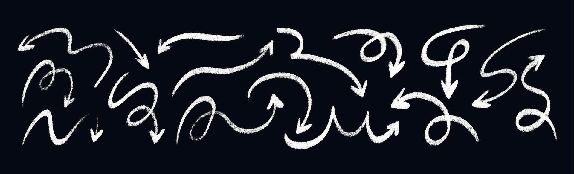 Hand-drawn brush arrows with chalk strokes, scribbled pencil and crayon lines, sketchy marker elements in a textured set. Flat illustration isolated on white background. vector
