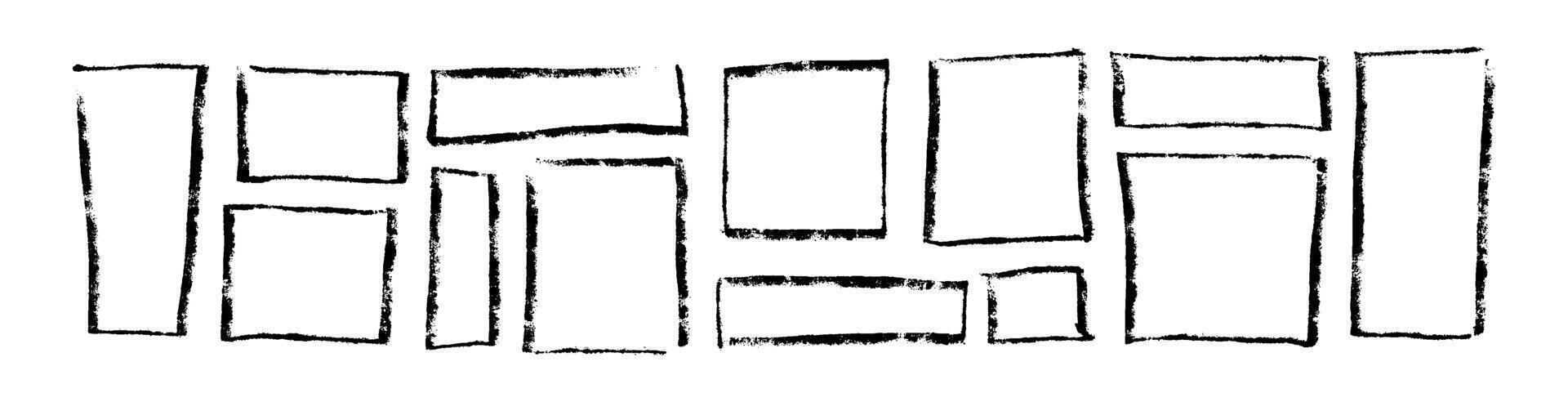 Hand-drawn rectangular frame with rough brush strokes, sketchy pencil and chalk outline, scribbled square border for design. Flat illustration isolated on white background. vector