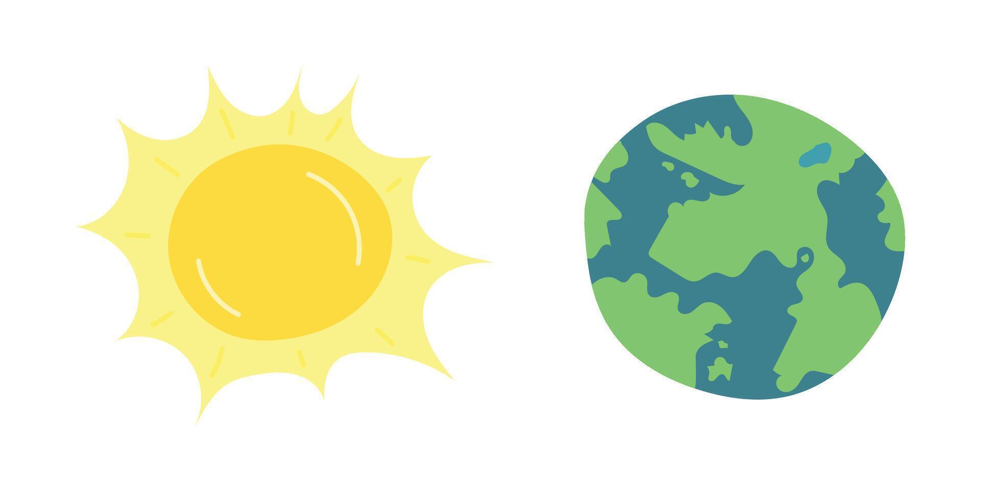 Bright flat illustration of the sun and earth. Ideal for ecology, climate change awareness, renewable energy, global warming, and environmental education designs vector