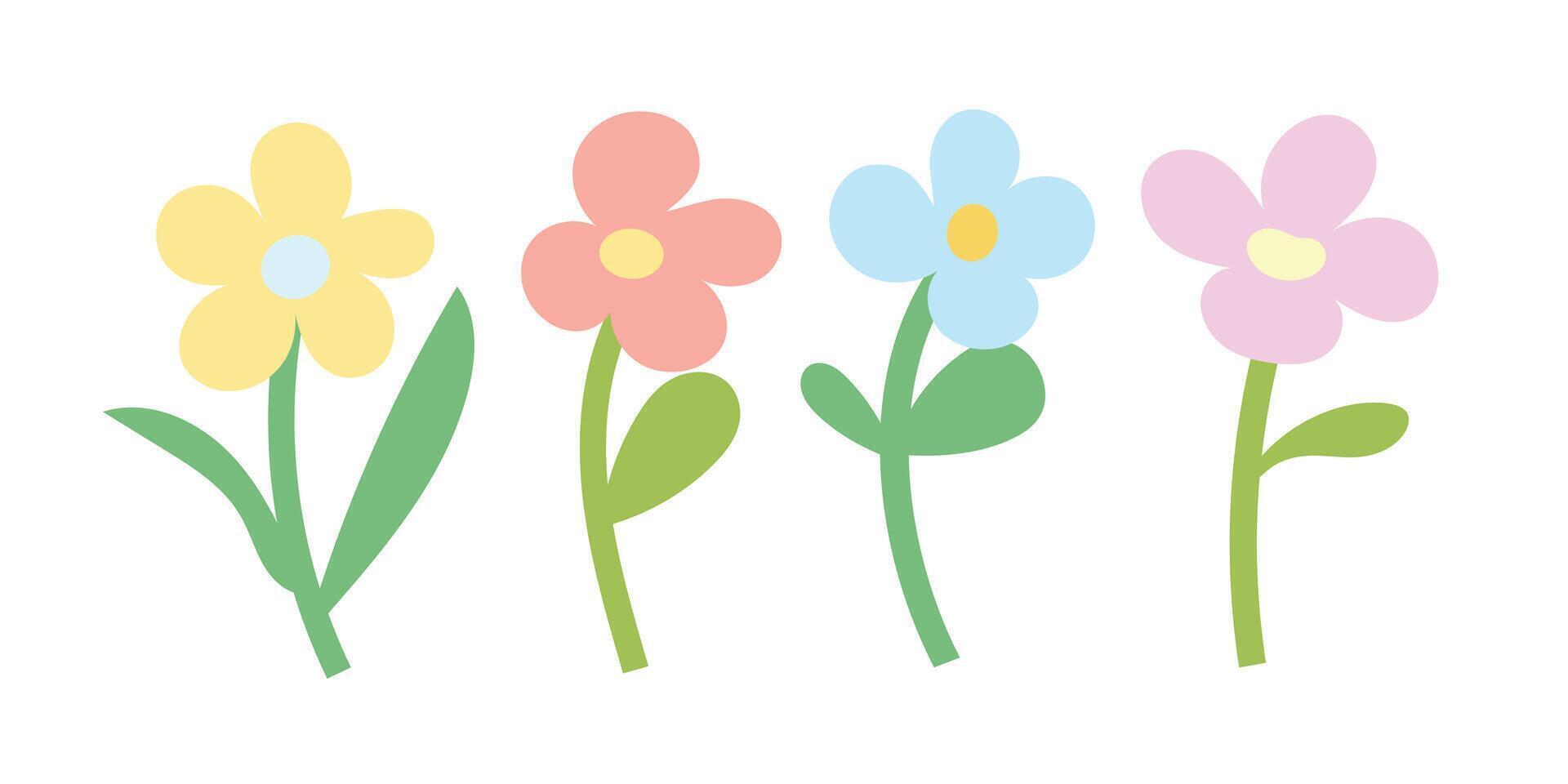 Flat pastel flowers in pink, yellow, and blue. Ideal for seasonal decor, nature-themed illustrations, DIY crafts, and floral greeting cards vector