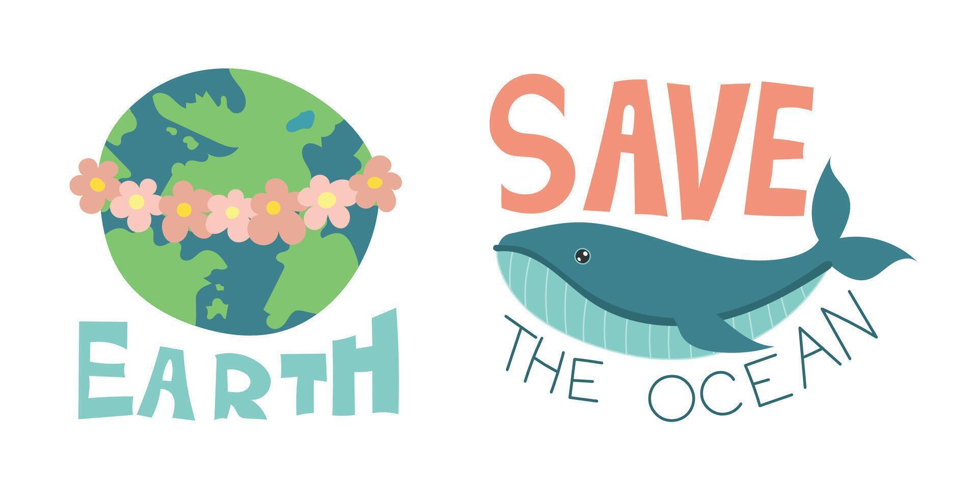 Save The Ocean illustration with blue whale and floral earth. Raises awareness for marine wildlife conservation, biodiversity, ocean protection, and eco activism vector