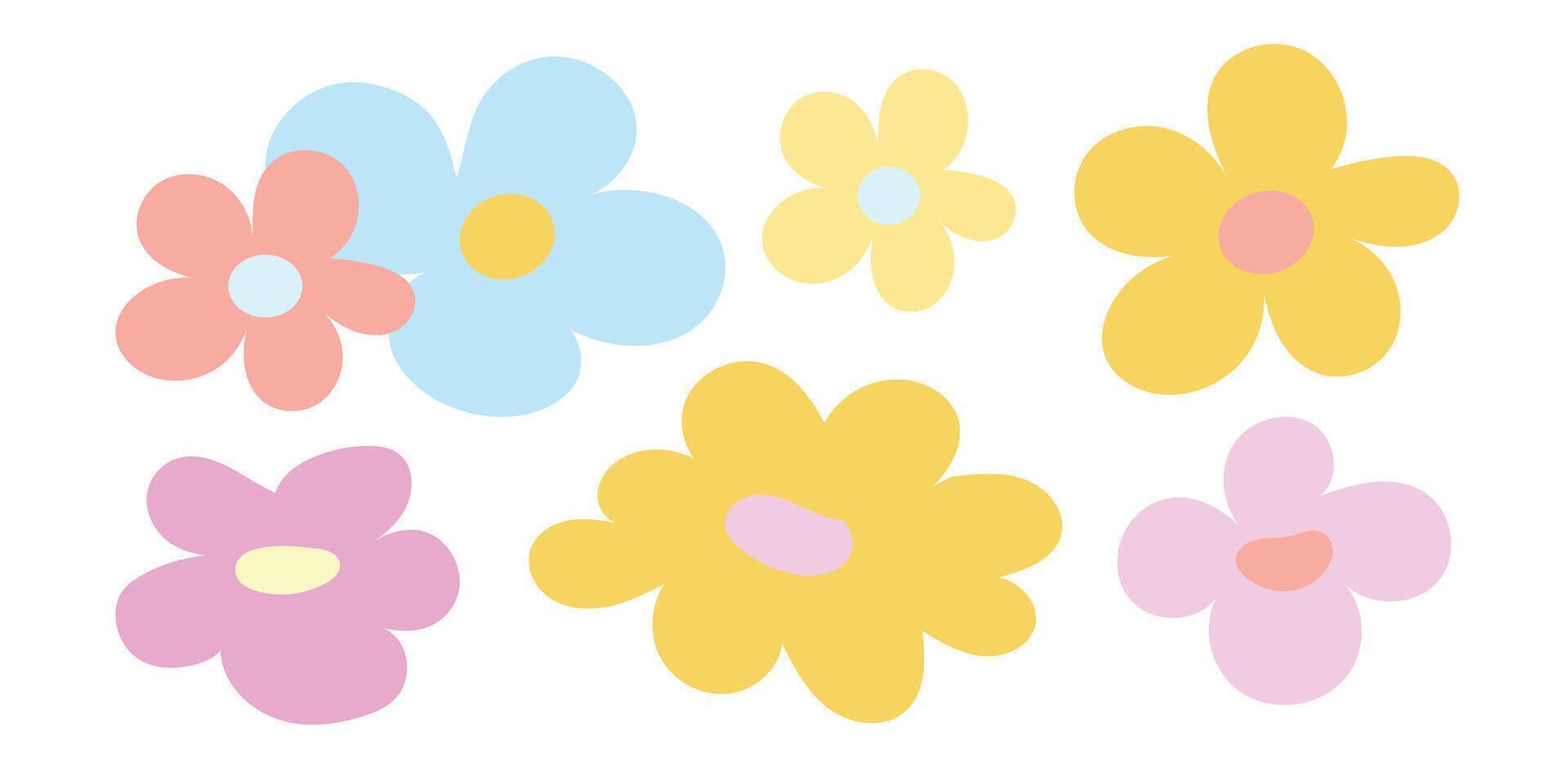 Whimsical pastel flower shapes in pink, yellow, blue, and peach. Great for spring decor, kids' crafts, scrapbook elements, and cheerful patterns vector