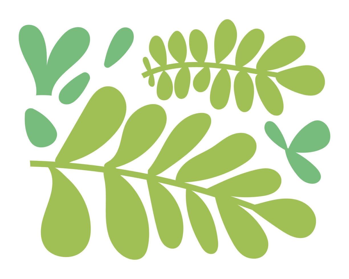 Flat green leaves and botanical illustrations in various shapes. Ideal for eco-friendly designs, spring decorations, and natural themed projects vector