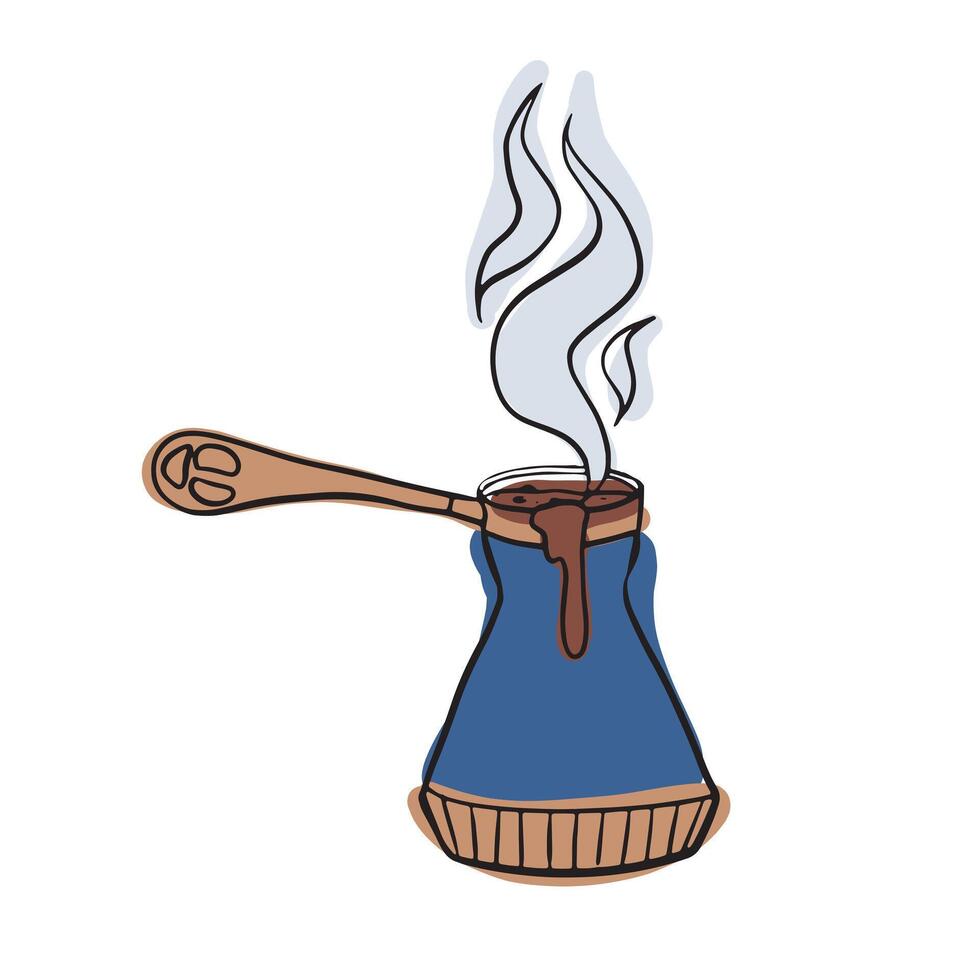 Classic Turkish coffee pot with steaming dark coffee. A cozy illustration representing rich aroma, traditional brewing, and the love for authentic Turkish espresso vector