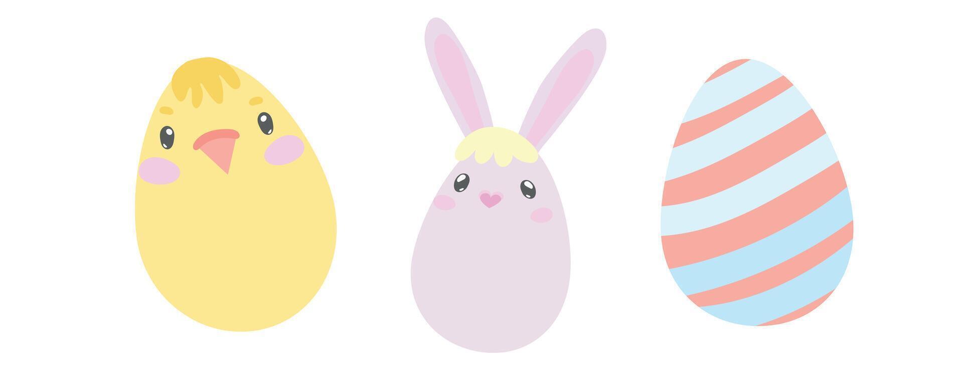 Adorable kawaii chick and bunny eggs in pastel colors. Ideal for kids' Easter crafts, spring greeting cards, and fun holiday decorations vector
