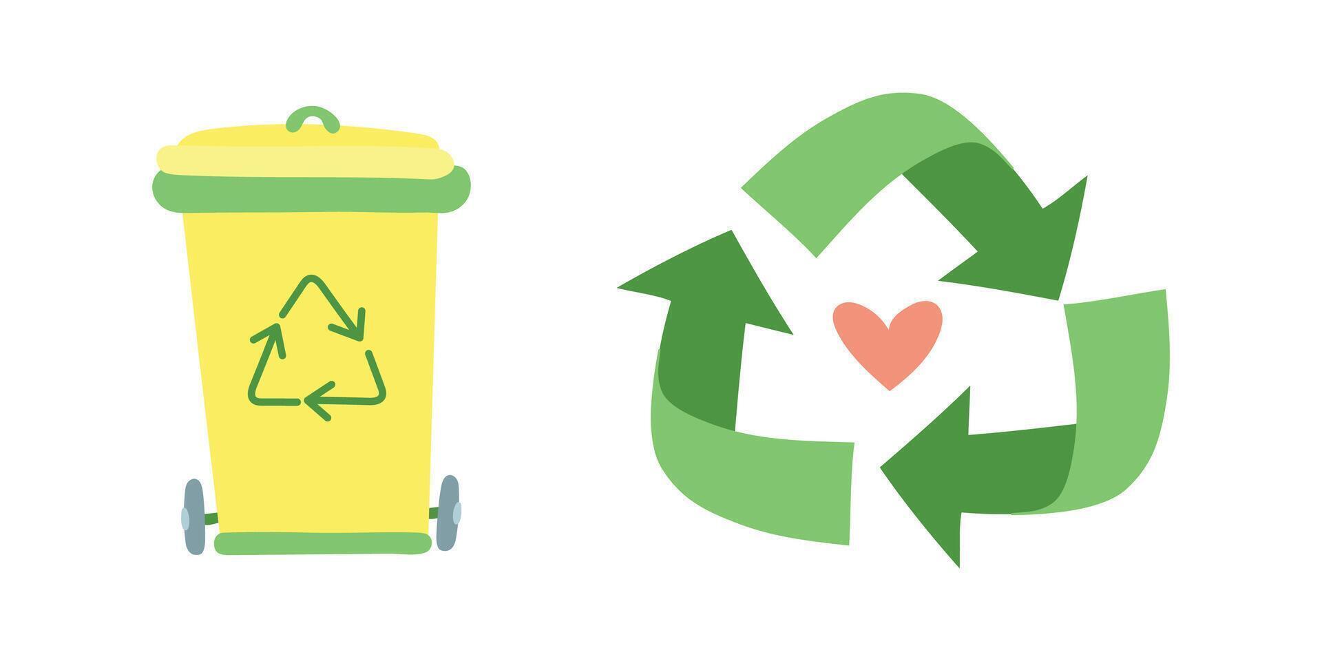 Recycling bin with arrows and heart symbol. Promotes ecofriendly waste management, zero waste lifestyle, sustainability practices, and environmental conservation vector