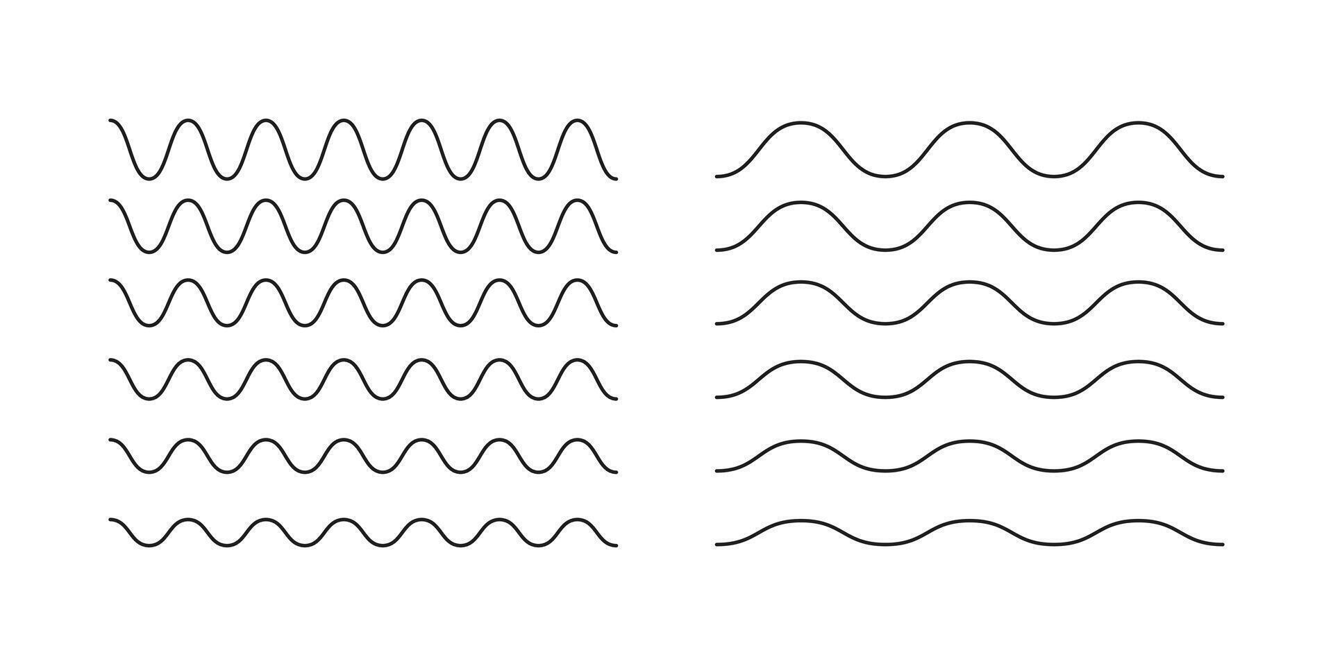 Wavy, curvy lines pattern. Minimalist undulate borders mockup, transverse horizontal simple lines. Sine, fluid, air, wind sign. Water, river, lake, sea, ocean symbols. Outline graphic illustration. vector