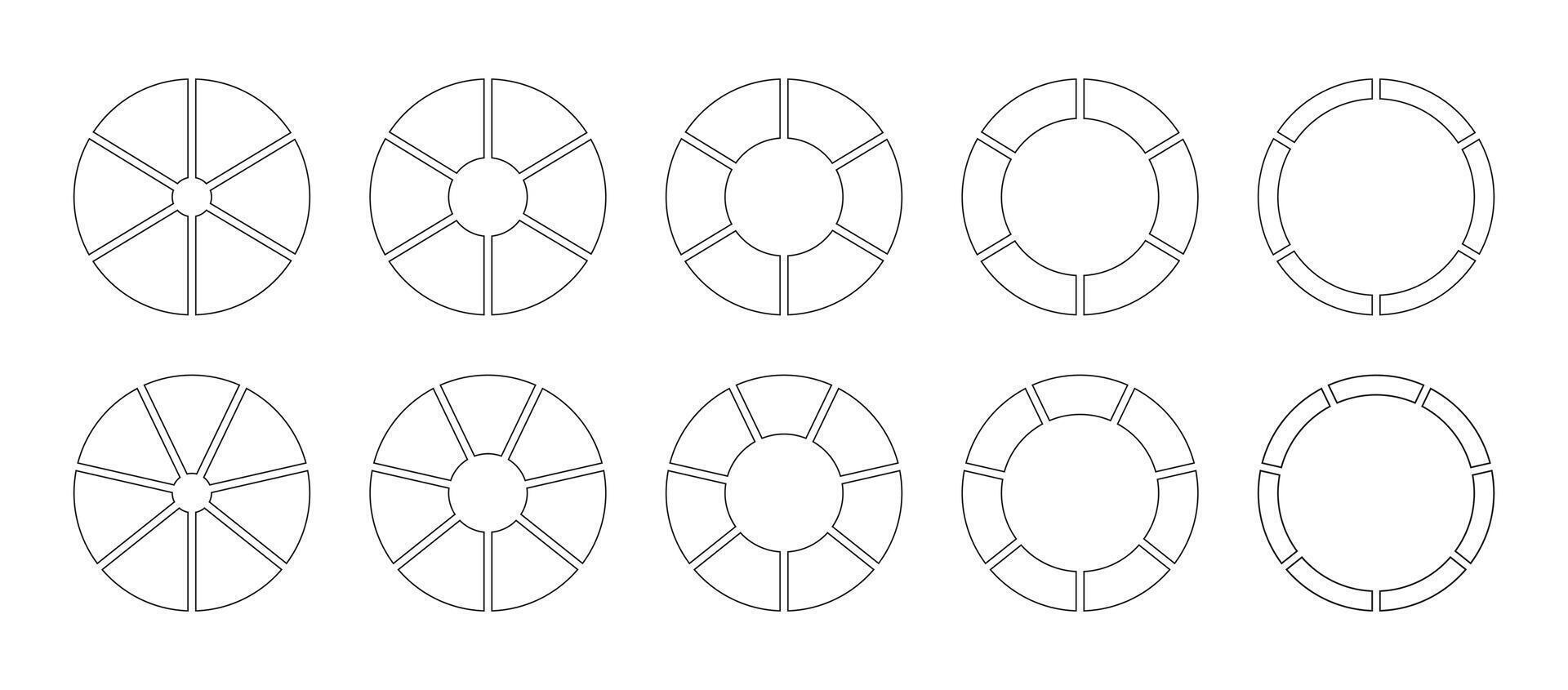 Circle division on 6, 7 equal parts. Wheel round divided diagrams, six, seven segments. Infographic set. Coaching blank. Section graph line art. Pie, pizza chart icons. Outline minimalist donut chart. vector