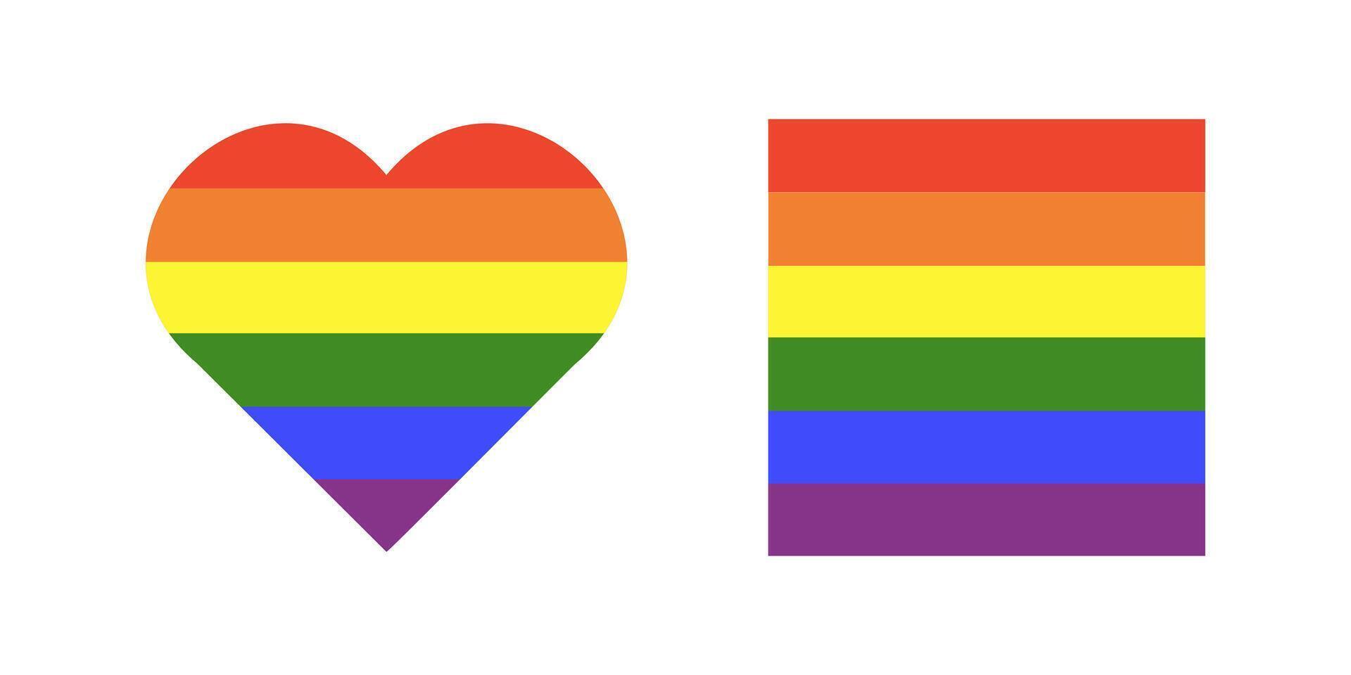Rainbow flag background. Gay pride frames. Progress Logo symbol. LGBT icon. Stickers in rainbow colors set. Square, heart badge, button, backdrop, mockups. Minimal template design. vector