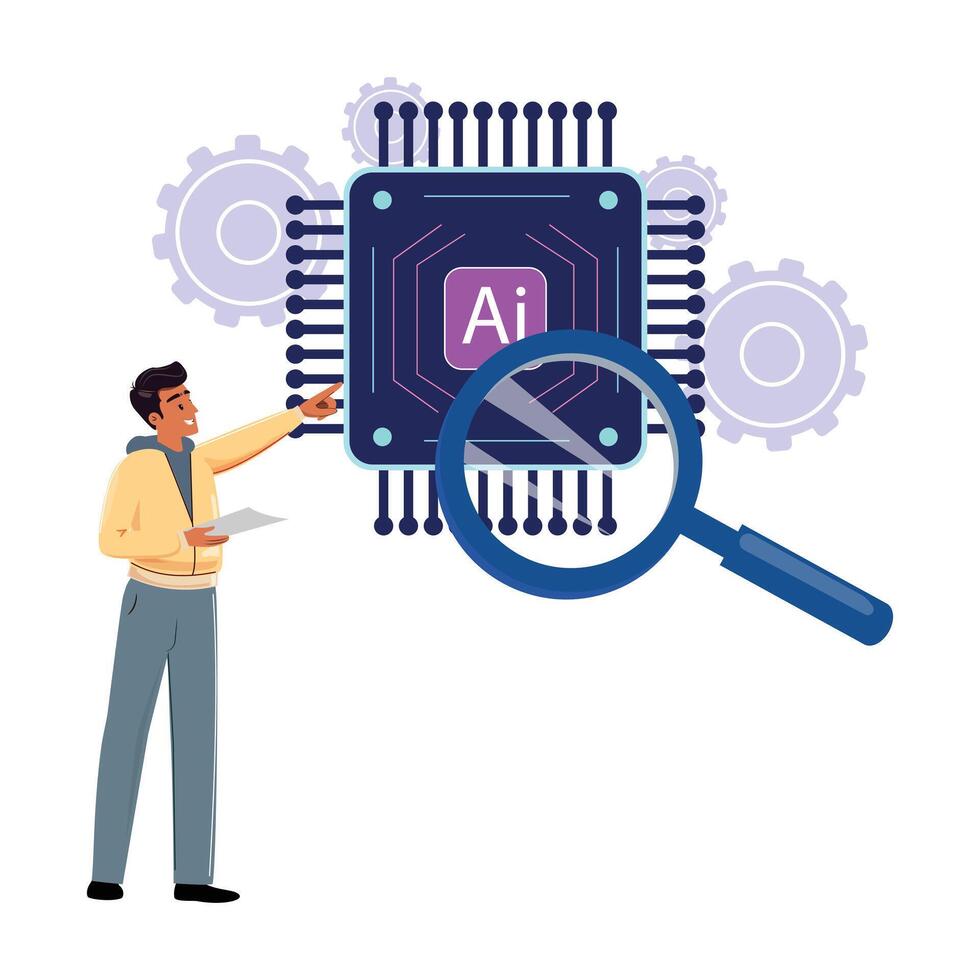 Tech savvy individual examining AI sign through magnifier, highlighting the search for optimal artificial intelligence solutions vector