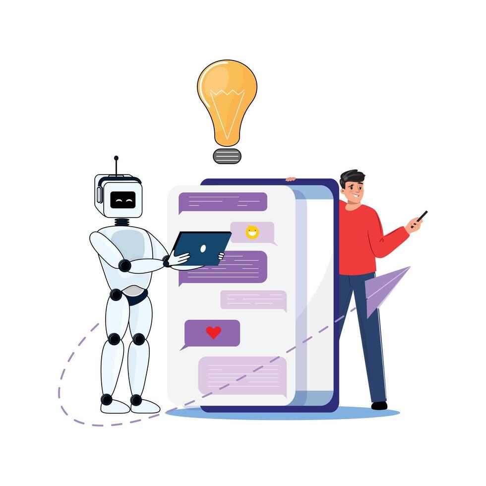 Human AI cooperation illustration. Robot holds laptop, man uses phone for prompts. Idea bulb above vector