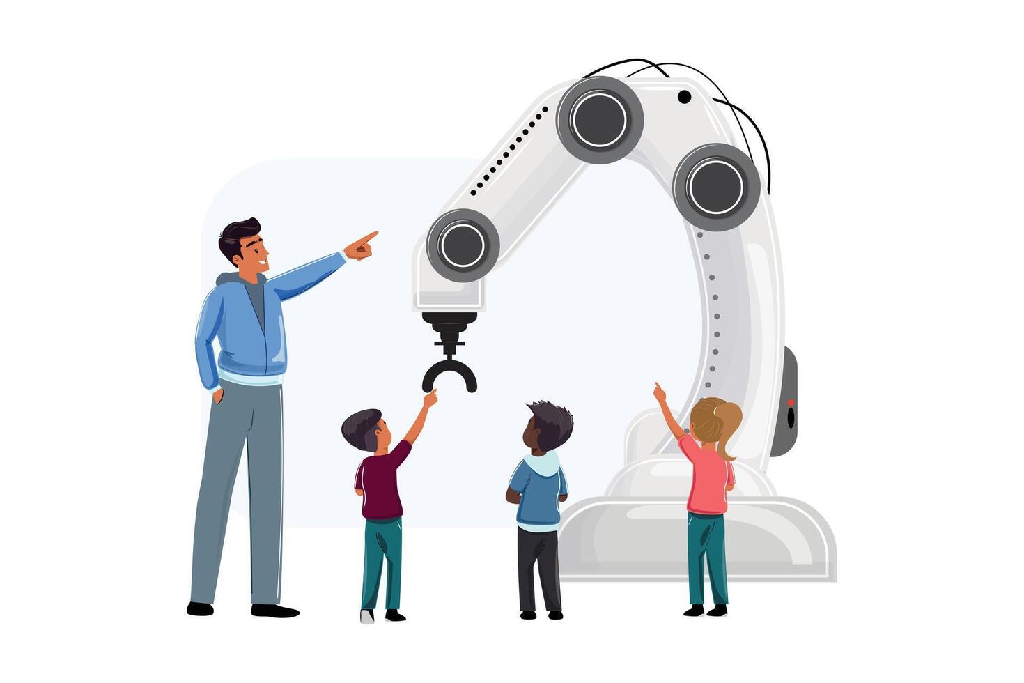 Educator demonstrating advanced machinery with robotic arm to attentive kids, back view vector
