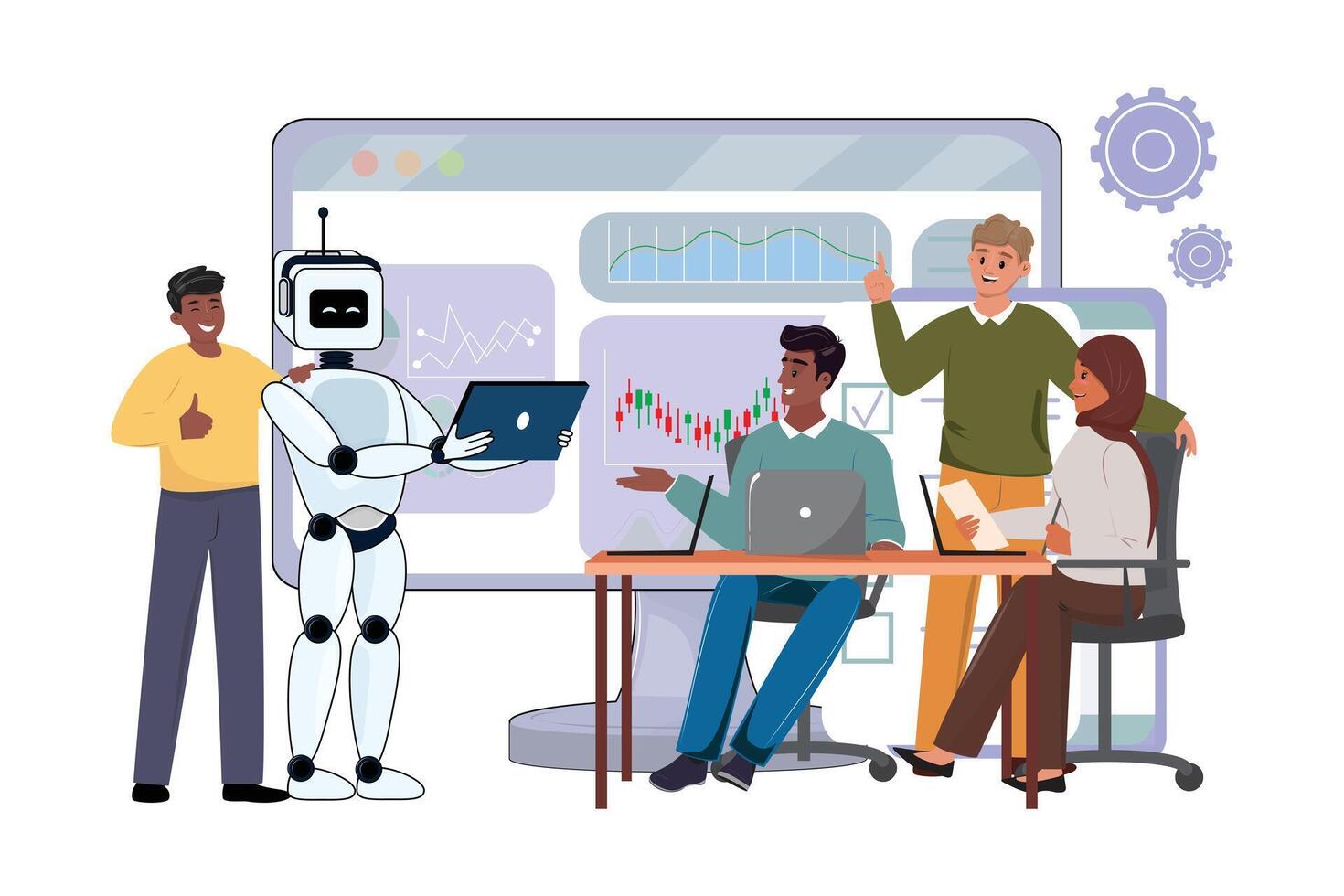 Diverse professionals collaborating with a robot displaying charts, highlighting artificial intelligence in business strategy vector