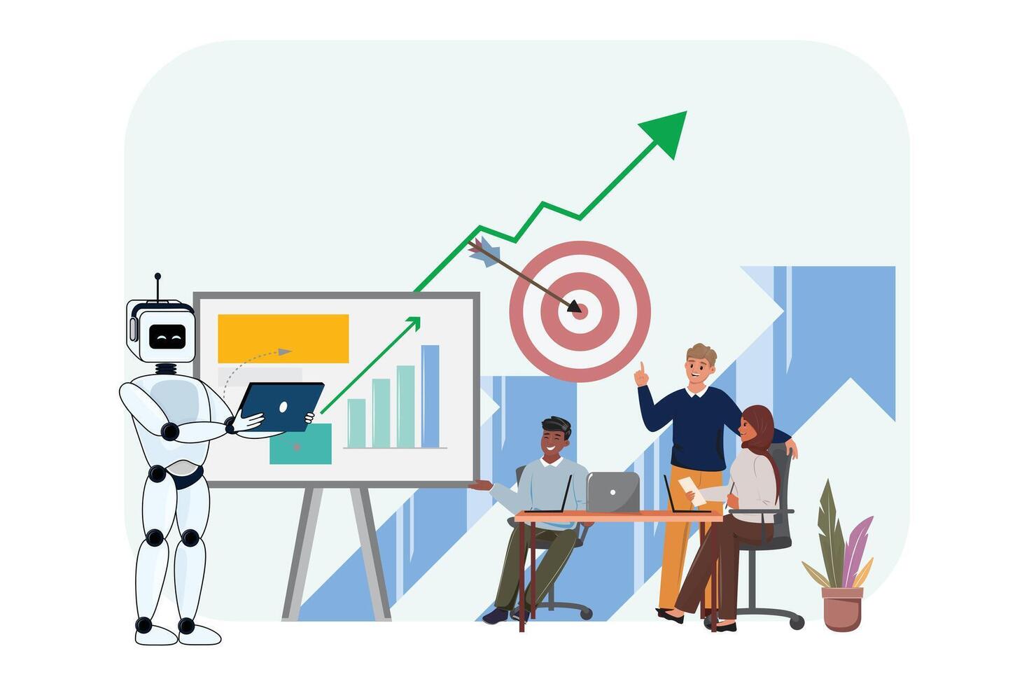 Multicultural team working alongside a robot displaying graphs, depicting artificial intelligence in a startup environment vector