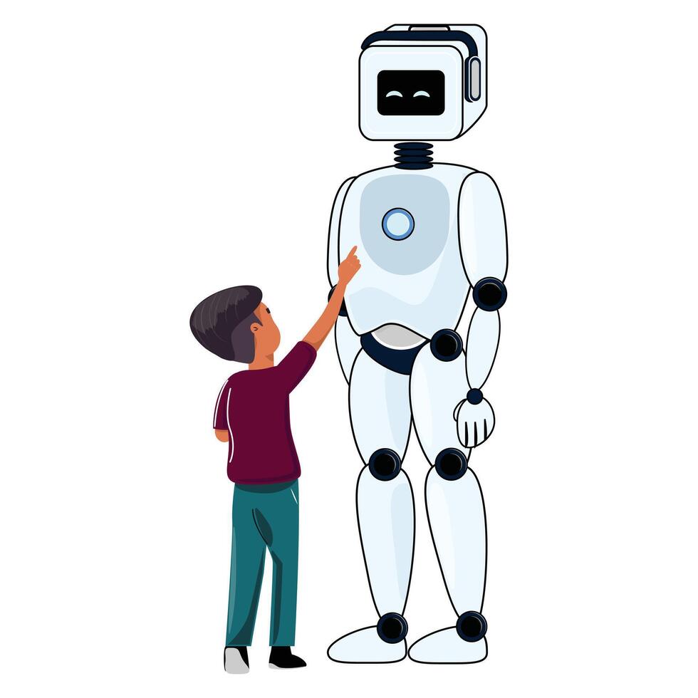 Child gesturing towards robot. Represents new technology in learning. Robot has round chest button vector