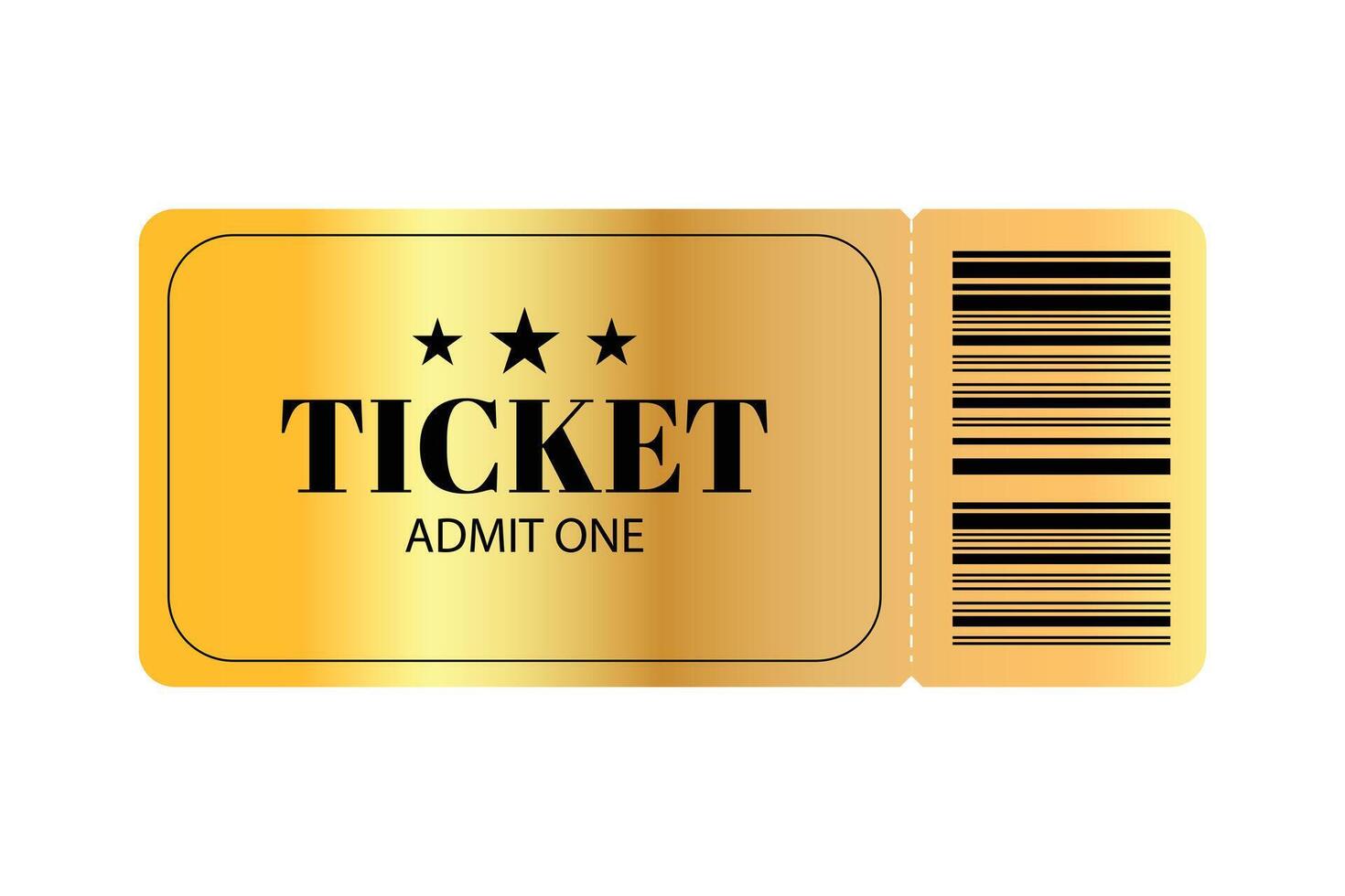 Luxury gold ticket featuring black stars, Admit One and barcode on the right vector