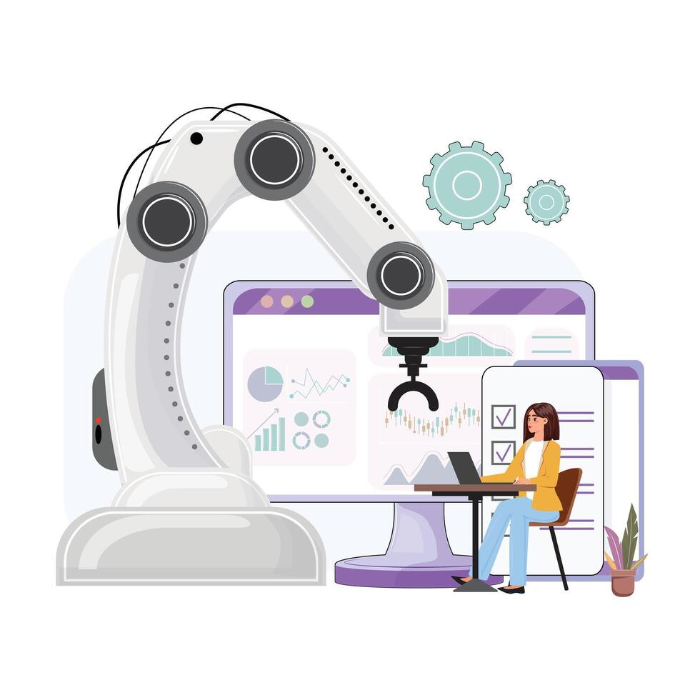 Female worker operates industrial robot. Scene includes big monitor with graphs and mobile checklist vector