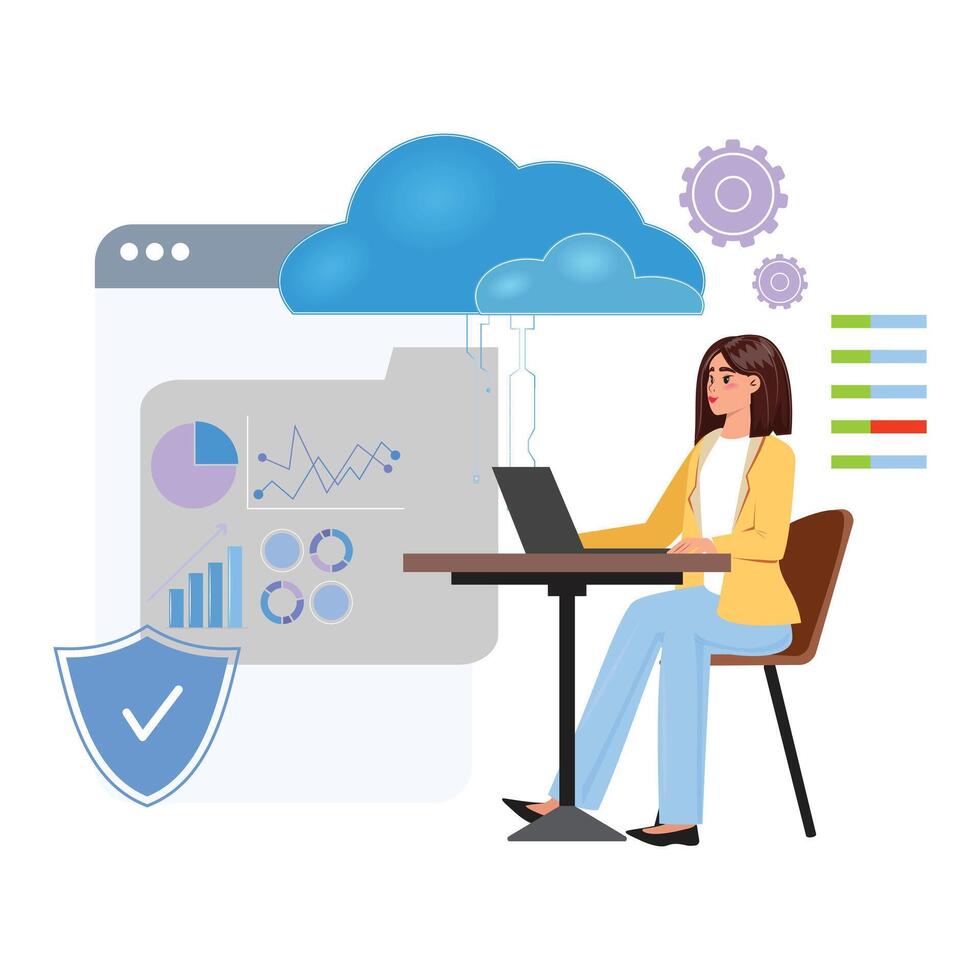 Data storage concept with woman working. Background shows folder, cloud, and storage capacity indicators vector
