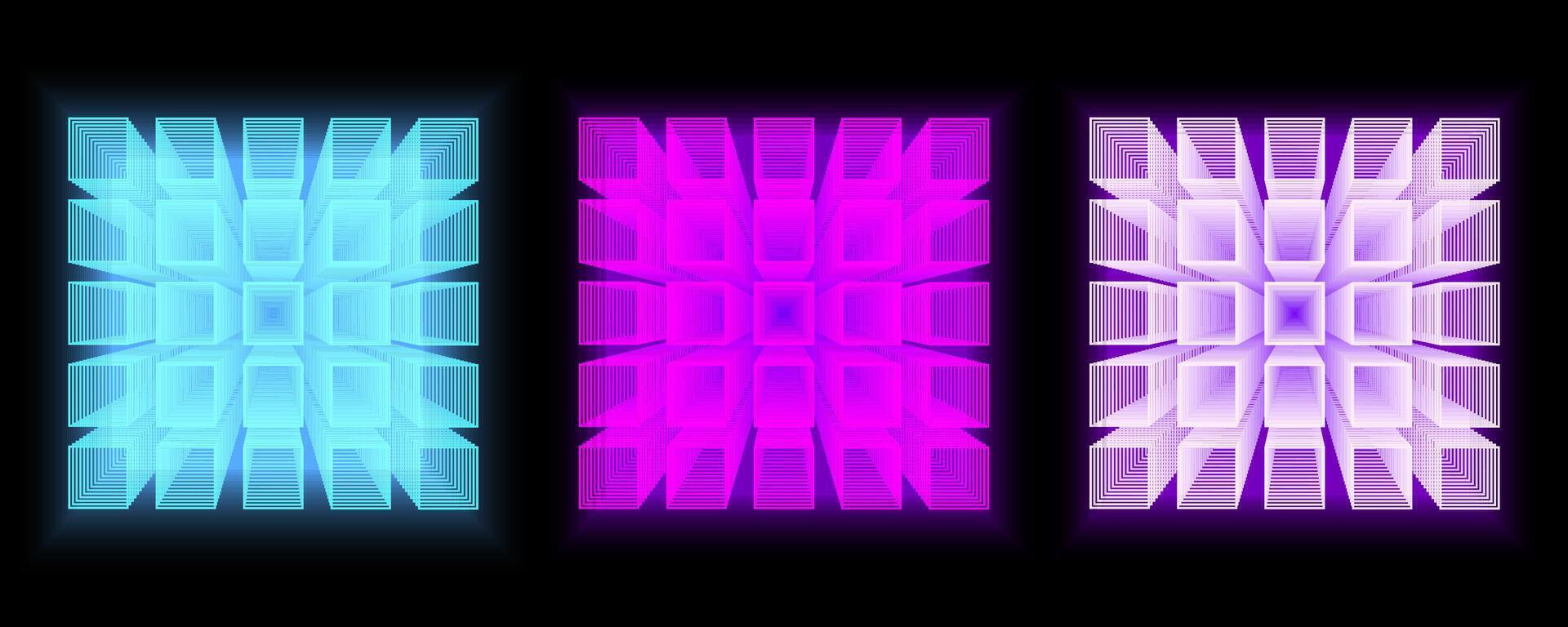 Futuristic abstract design with glowing neon cube patterns set. The geometric high-tech aesthetic is ideal for digital backgrounds, technology concepts, gaming visuals, cyberpunk designs. vector