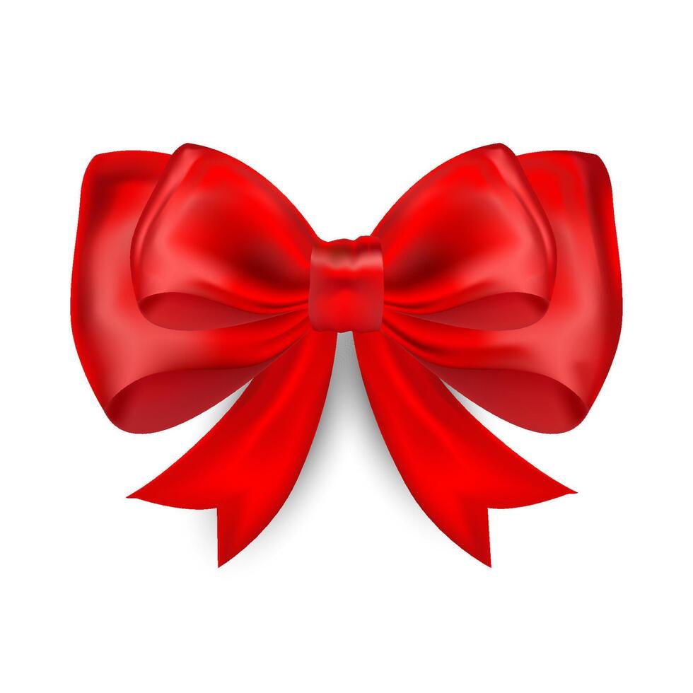 Realistic red satin ribbon bow with a glossy finish, isolated on a white background. Perfect for gift wrapping, holiday decorations, and festive designs. illustration vector