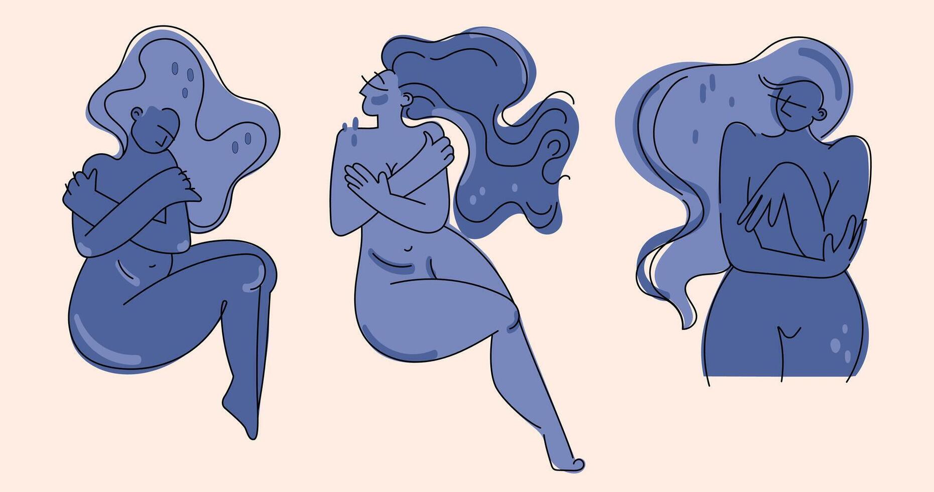 Stylized abstract women figures embracing themselves, symbolizing self-love, confidence, and body positivity, contemporary style. mental health, feminism, empowerment,modern art projects. vector