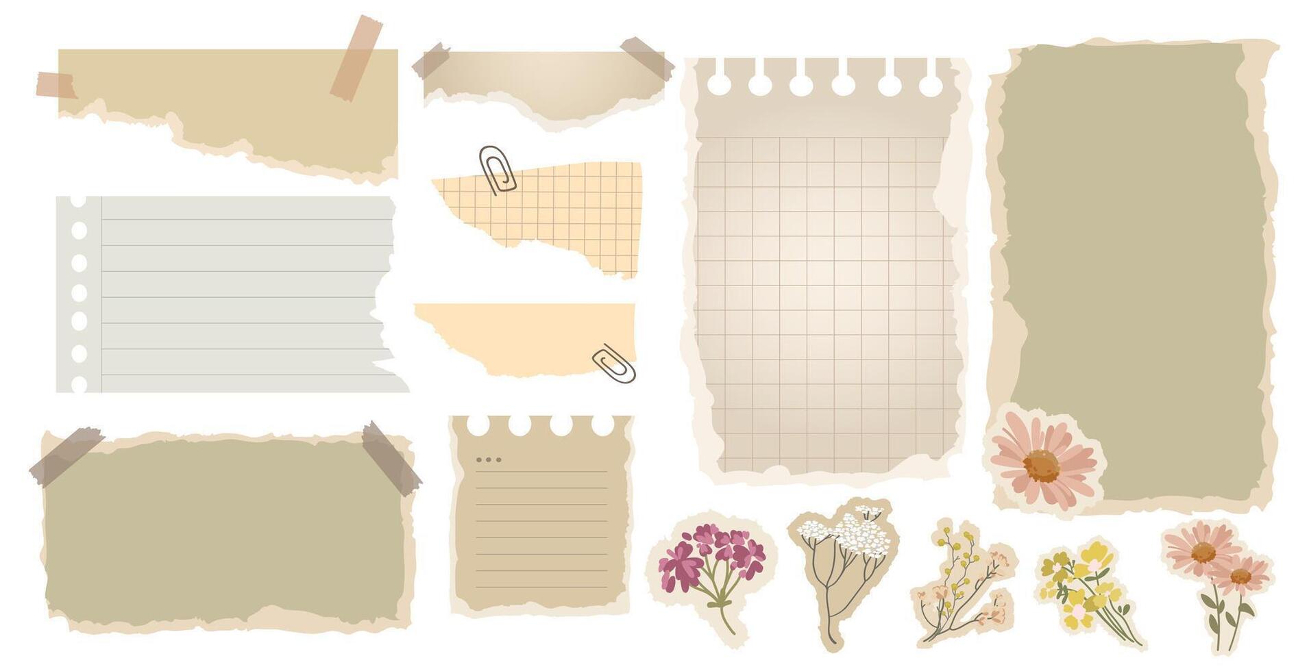 Vintage Aesthetic torn paper notes, lined and grid paper, taped scraps, and floral stickers design set. Perfect for scrapbooking, journaling, social media graphics, and creative. illustration vector