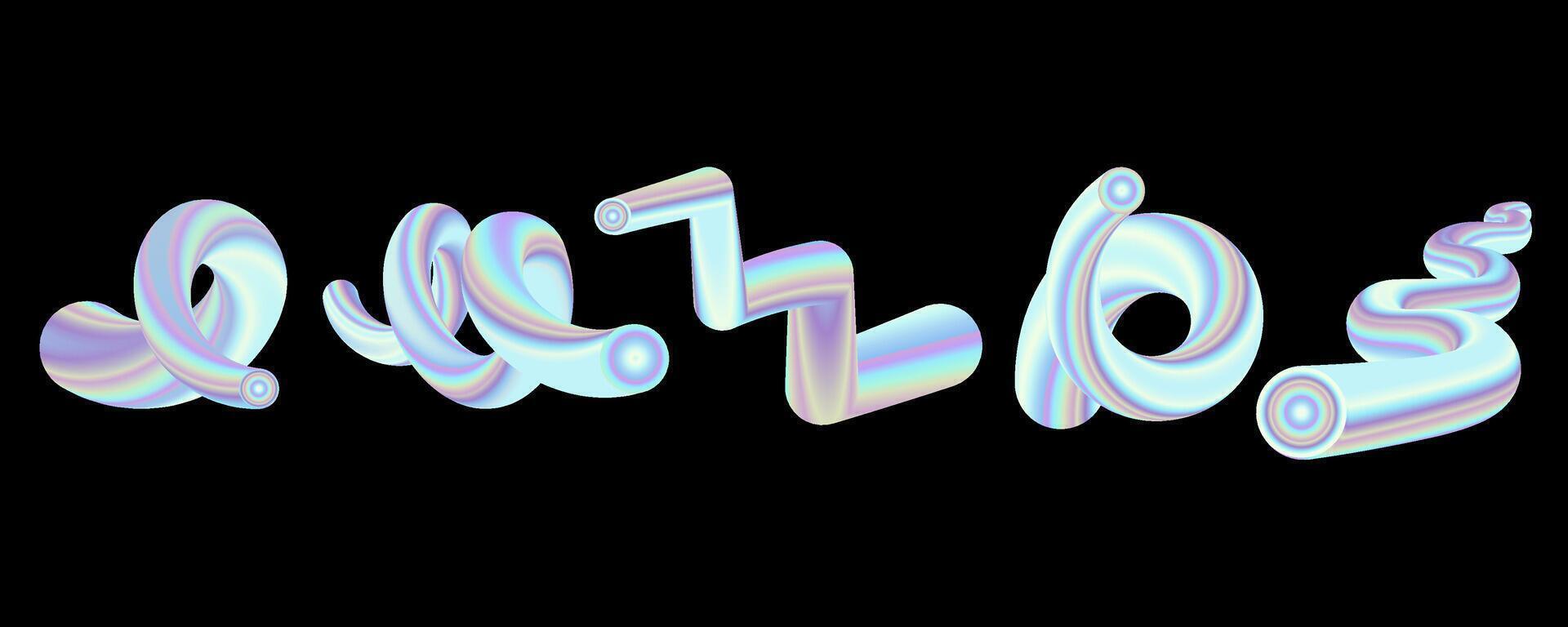 Futuristic iridescen 3D abstract shapes with holographic effect on a black background. The fluid metallic forms resemble twisted tubes or ribbons, creating a modern and surreal aesthetic. vector