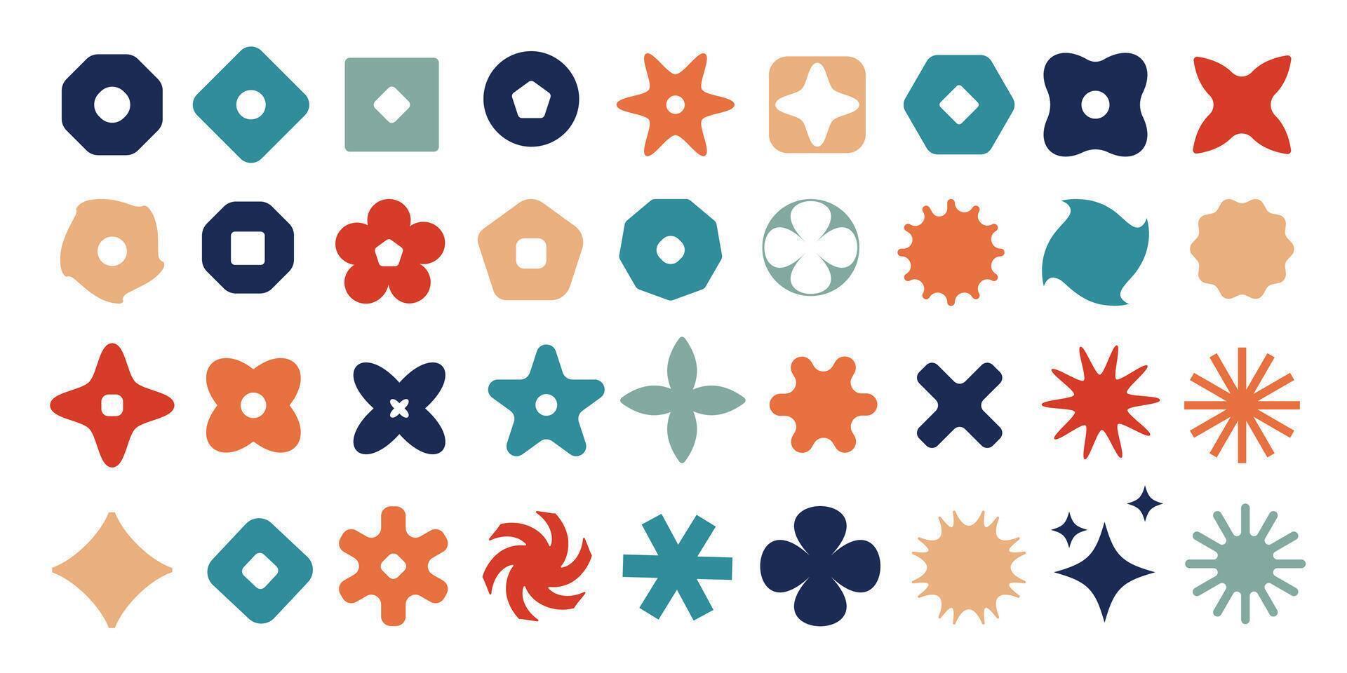 Abstract geometric symbols in various shapes Retro colors set. Modern brutal decorative designs.Flat icons are ideal for branding, logo design, UI UX elements, patterns,digital graphics. vector