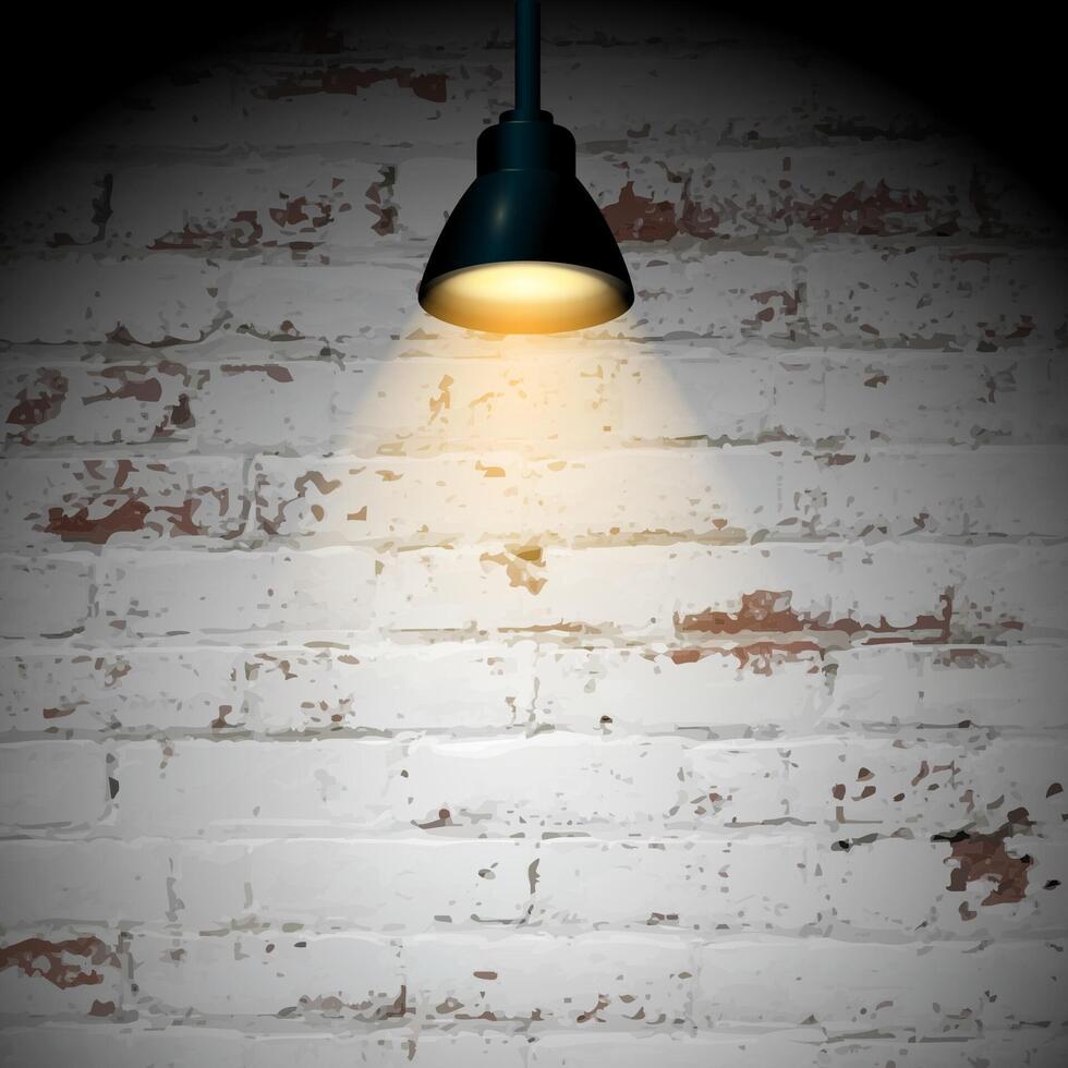Industrial style pendant lamp casting warm light on textured white brick wall with grunge effect. Perfect for backdrops, interior design concepts, advertising and vintage style projects. vector