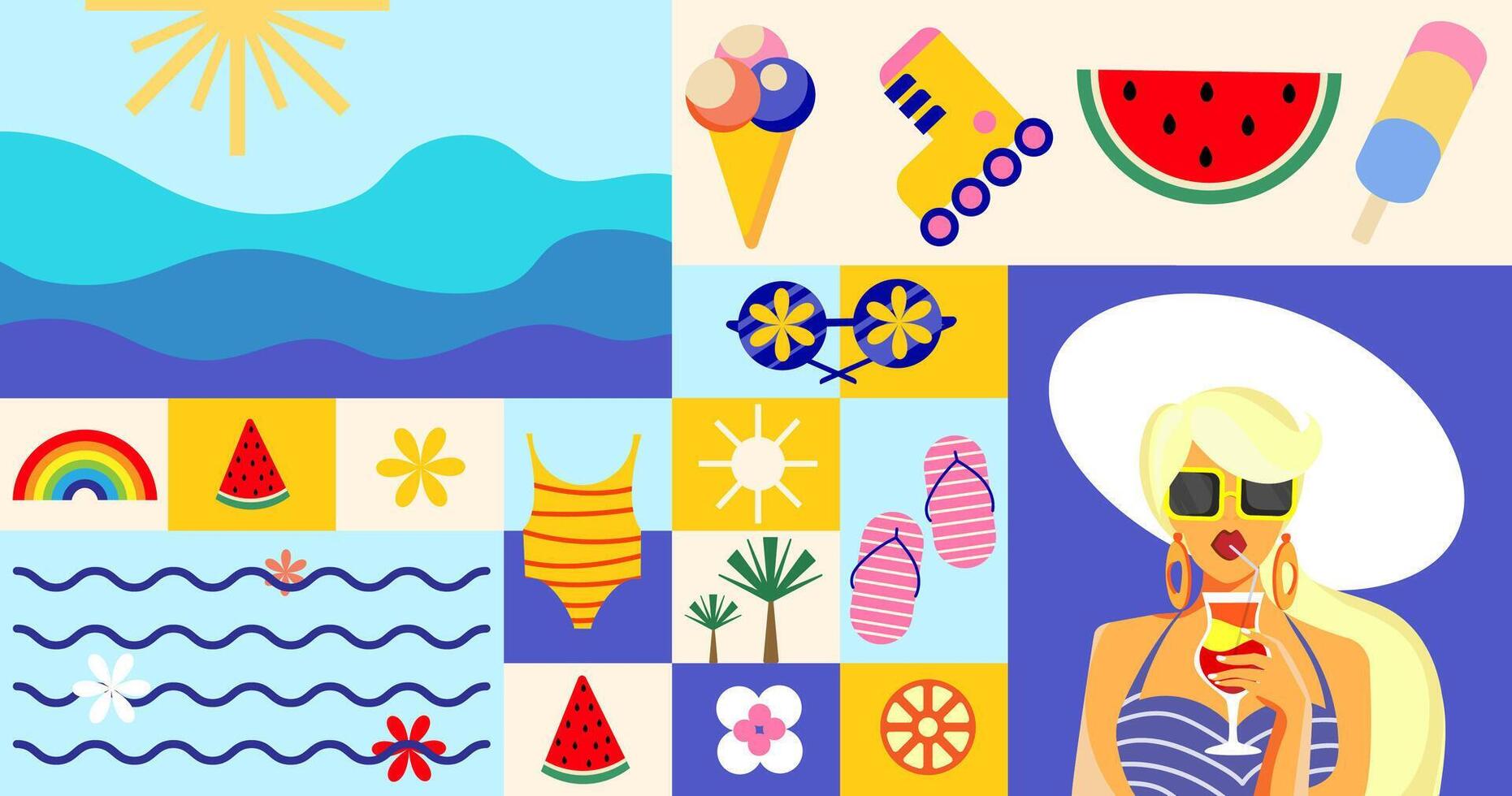 Modern Summer collage banner background with woman in sunglasses,ocean, tropical elements, beach,vacation symbols in flat design.Ideal for travel promotions, summer marketing,lifestyle branding. vector