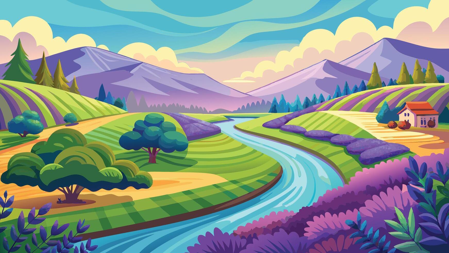 Serene River Landscape Picturesque Valley with Lavender Fields and Mountains vector