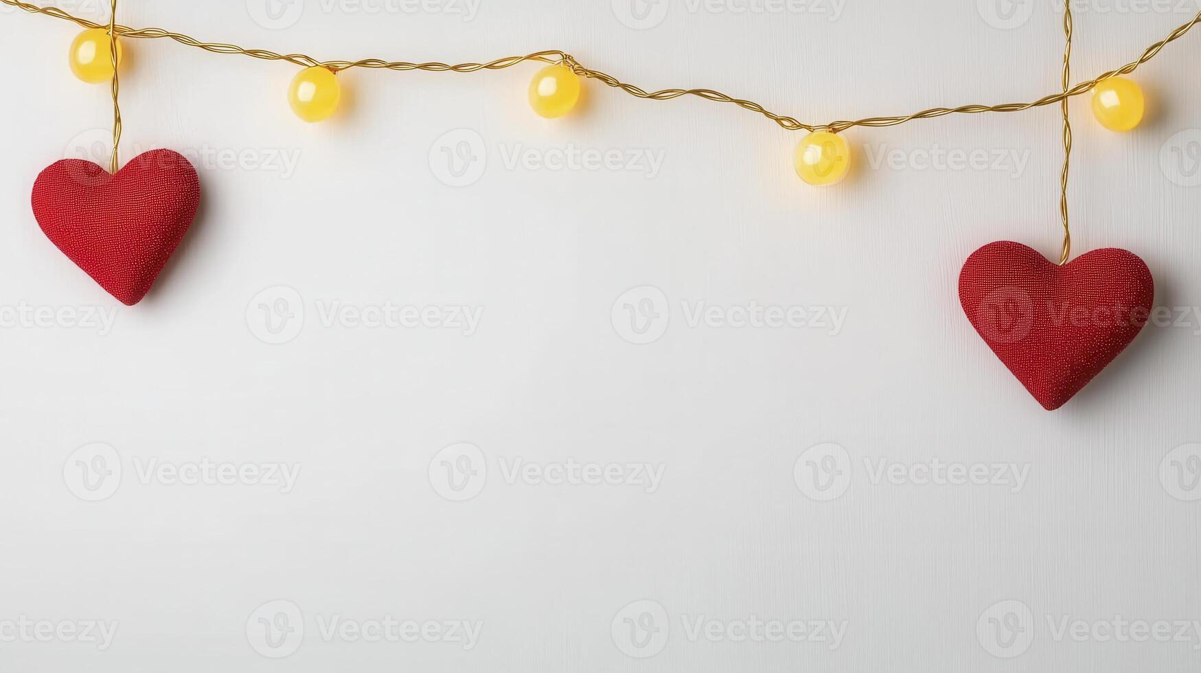 Red hearts hanging from a string with yellow lights photo
