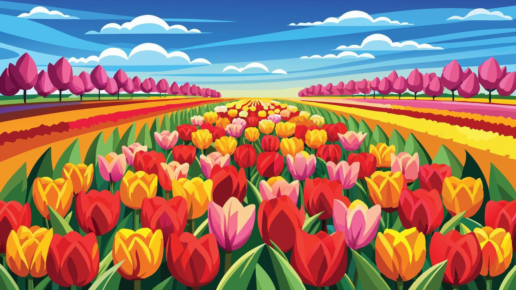 Vibrant Spring Tulips Field Landscape Colorful Flowers Blooming Under a Sunny Sky vector