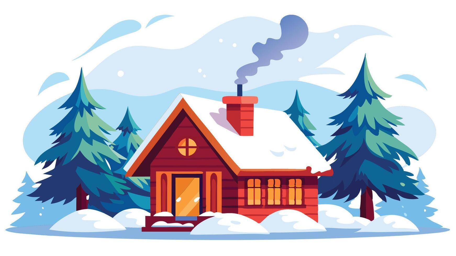 Cozy Winter Cabin in Snowy Forest Scene Perfect for Holiday Cards and Winter Vacation Themes vector