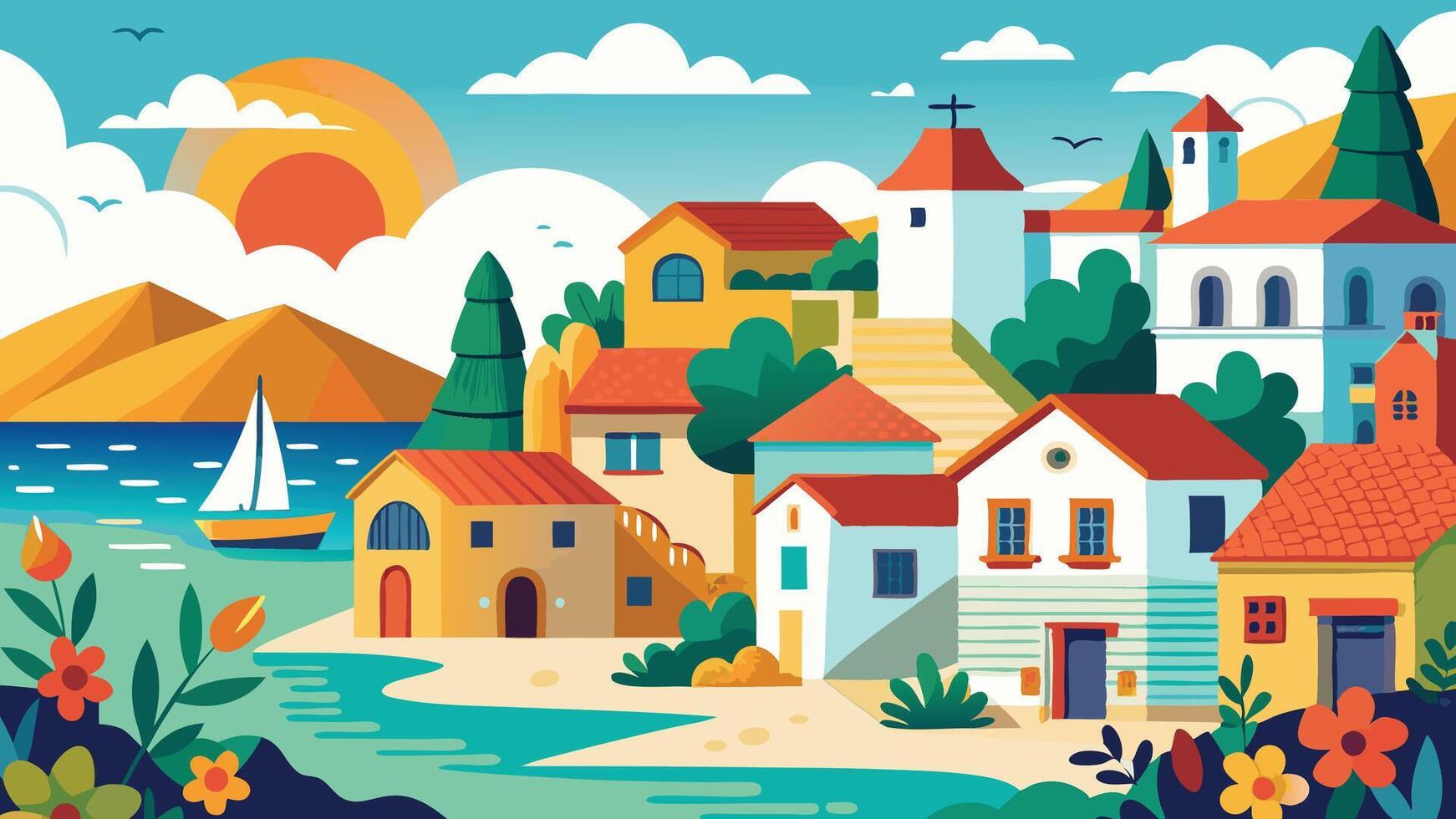Charming Coastal Village Illustration Houses Boats and Sunset vector
