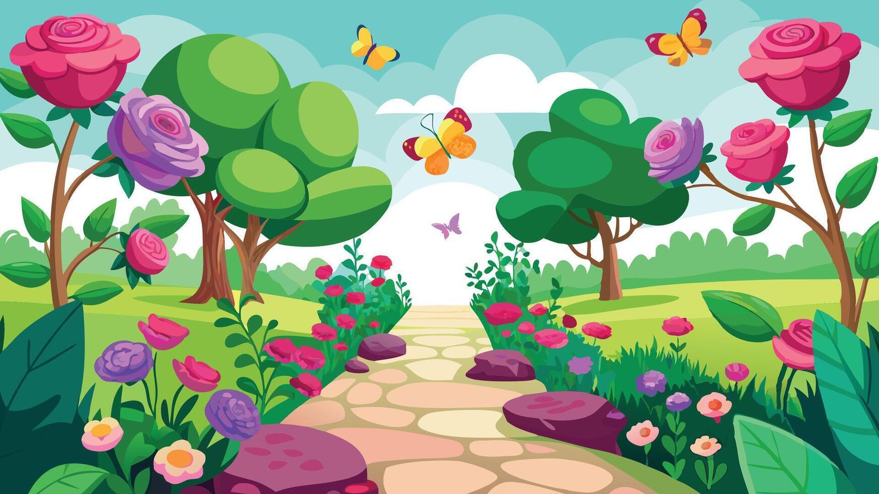 Idyllic Stone Path Meandering Through a Vibrant Flower Garden with Butterflies vector