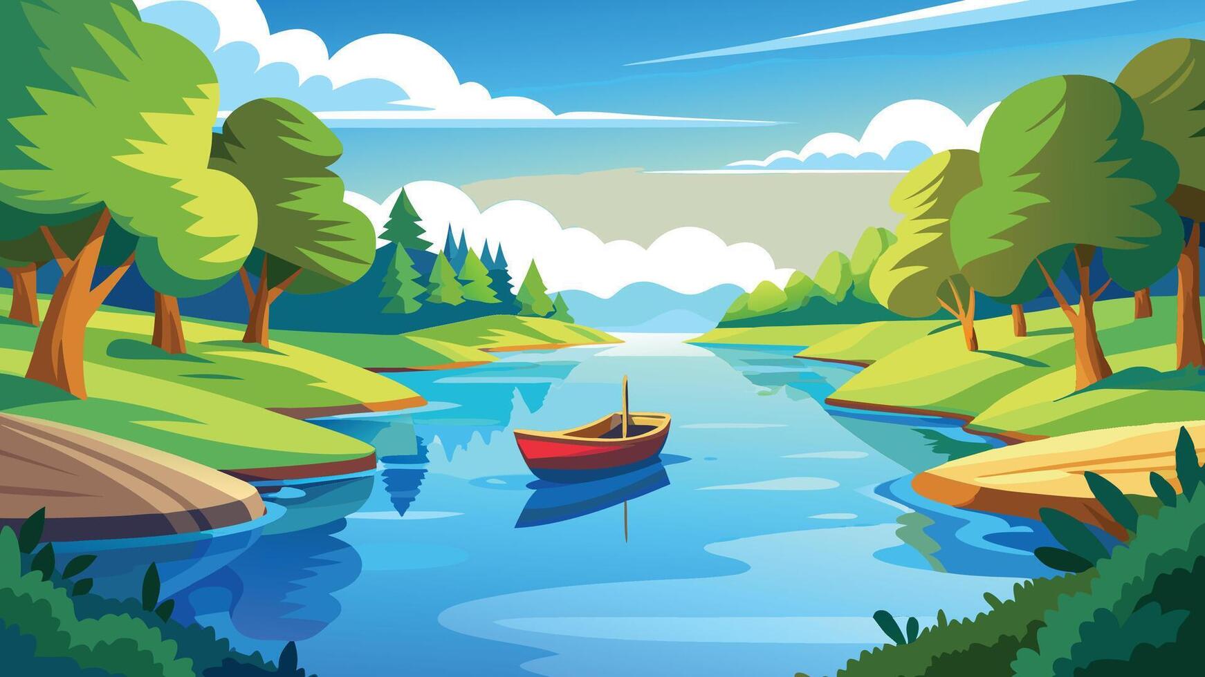 Serene Lakeside Summer Scene Calm River Boat in Lush Green Nature vector