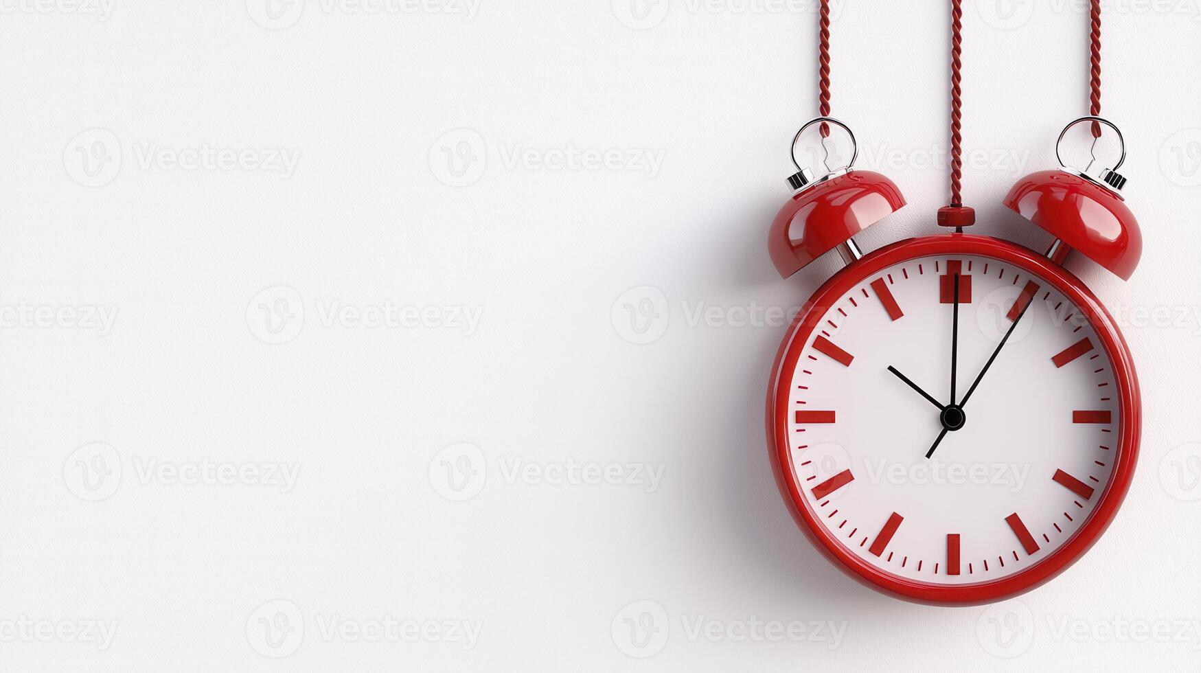 A red alarm clock hanging from a string photo
