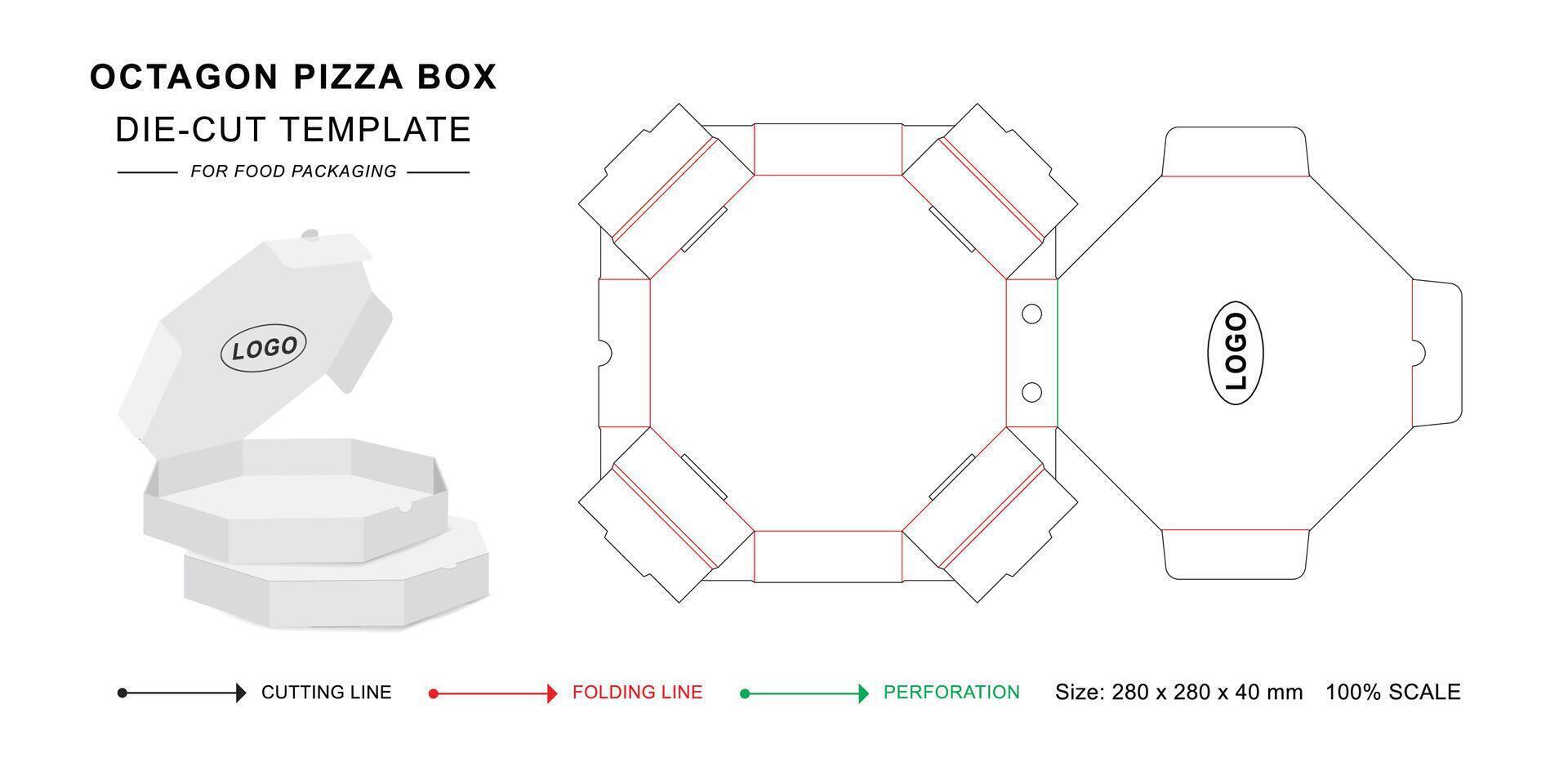 Octagon Pizza box die cut template with 3D blank mockup for food packaging vector