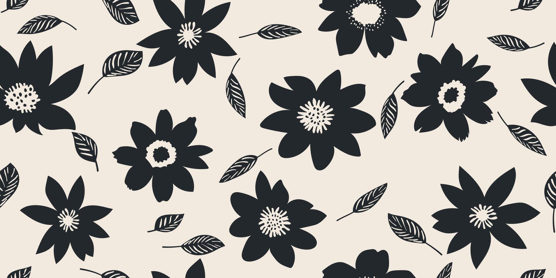 Shape leaf and flower organic seamless pattern. black floral leaves geometric on white background vector