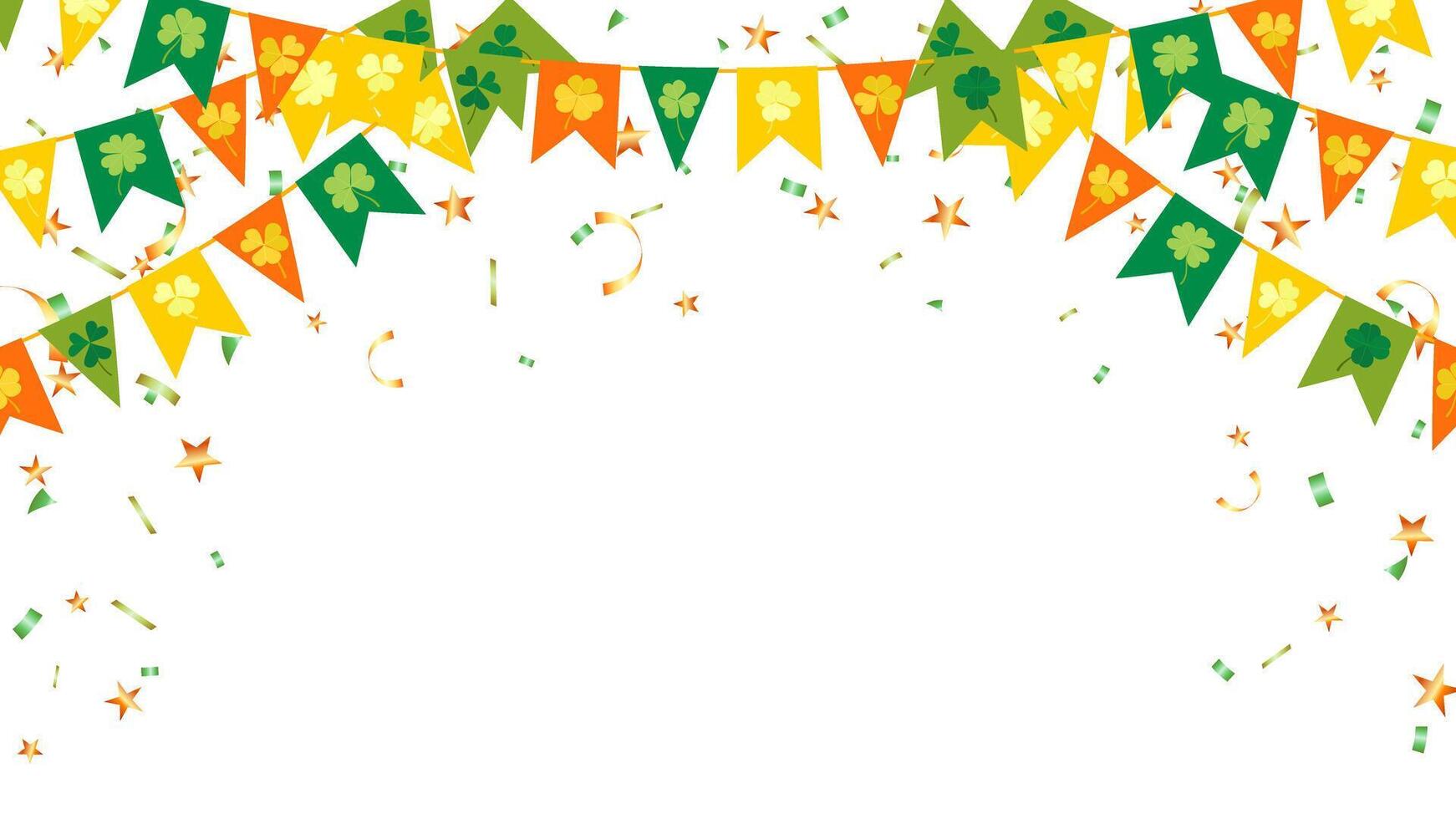 Green, orange, yellow pennants chain clover leaves and star confetti background party decoration vector