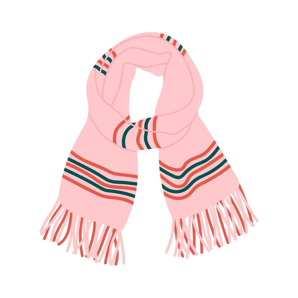 Pink scarf with colorful stripes and fringed ends depicted in a illustration. The fabric appears soft and cozy, ideal for winter fashion and seasonal styling concepts. vector