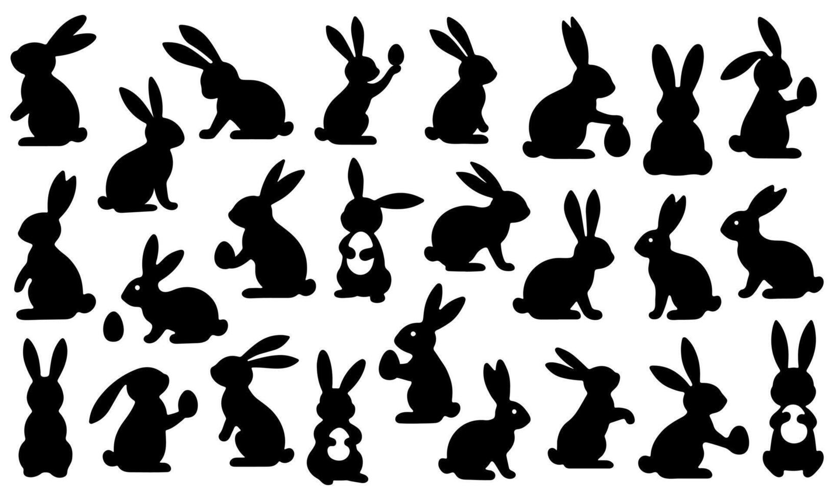Set of black Easter bunny silhouettes in various poses, holding eggs and sitting. Cute rabbit clipart collection, ideal for Easter designs, crafts, and decorations. Isolated illustration on a white. vector