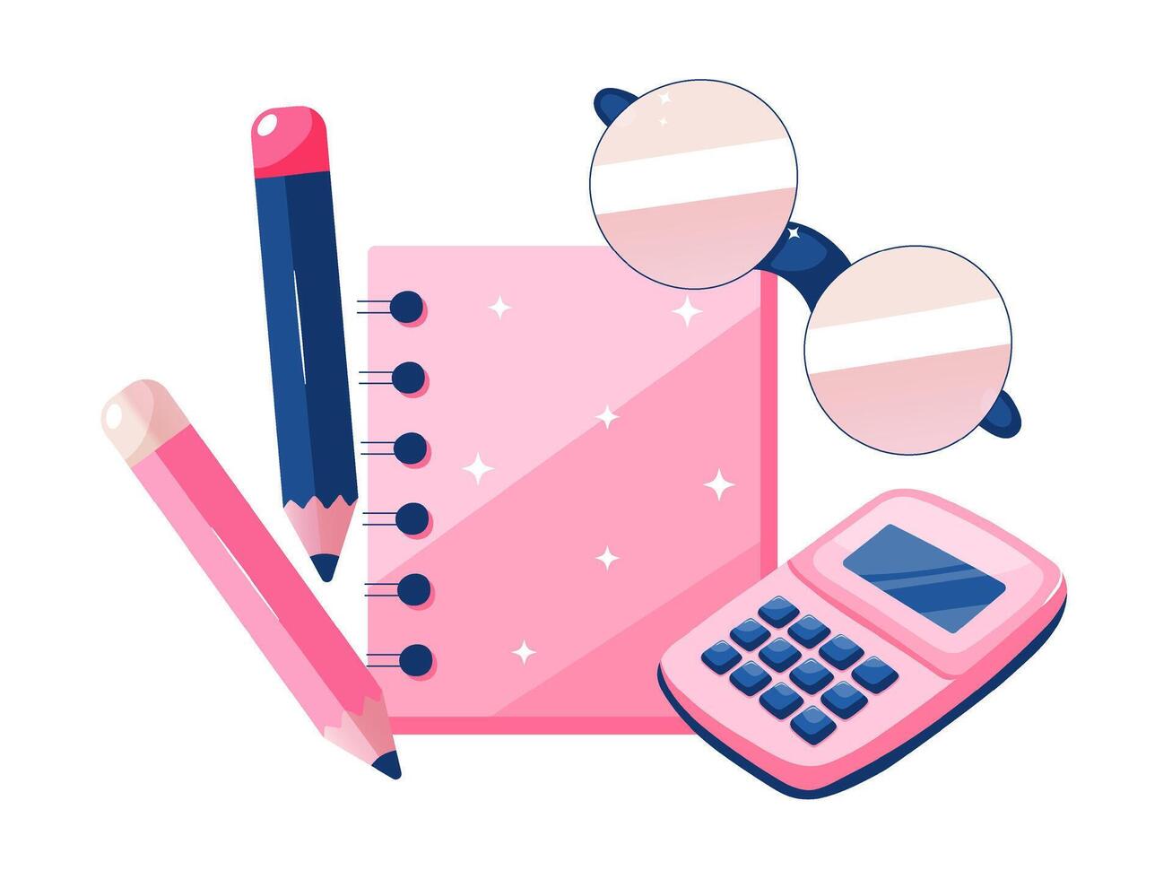 Illustration of a colorful stationery set featuring a spiral notebook, pencils, calculator, and glasses. Pink and blue color scheme creates a playful workspace theme. vector