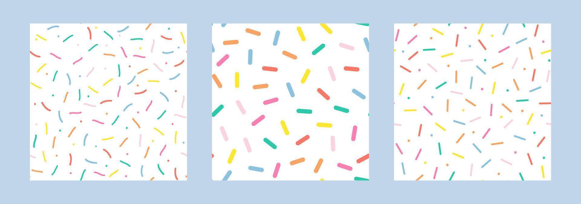 Simple Sprinkle Pattern. Colorful candy topping. Set of Donut or sweet confetti backgrounds. Illustration in scandinavian style vector